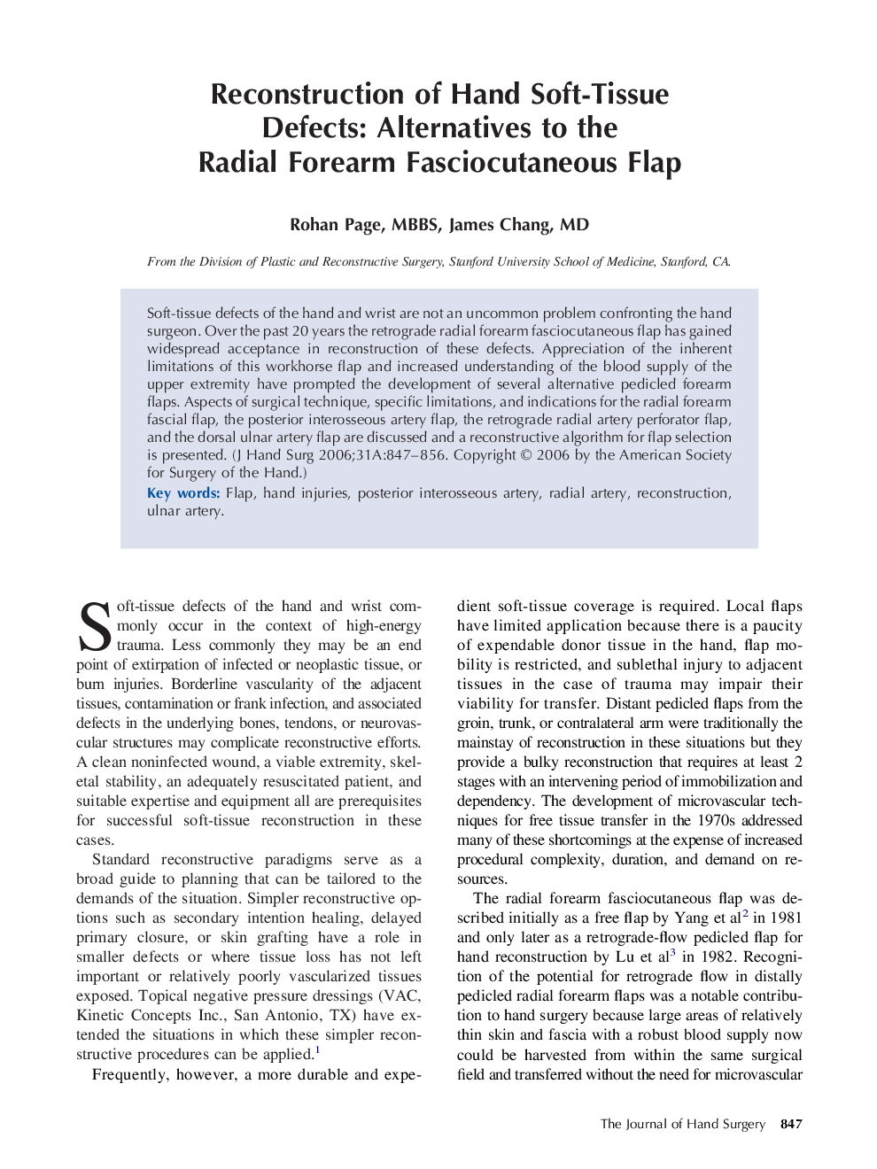 Reconstruction of Hand Soft-Tissue Defects: Alternatives to the Radial Forearm Fasciocutaneous Flap 