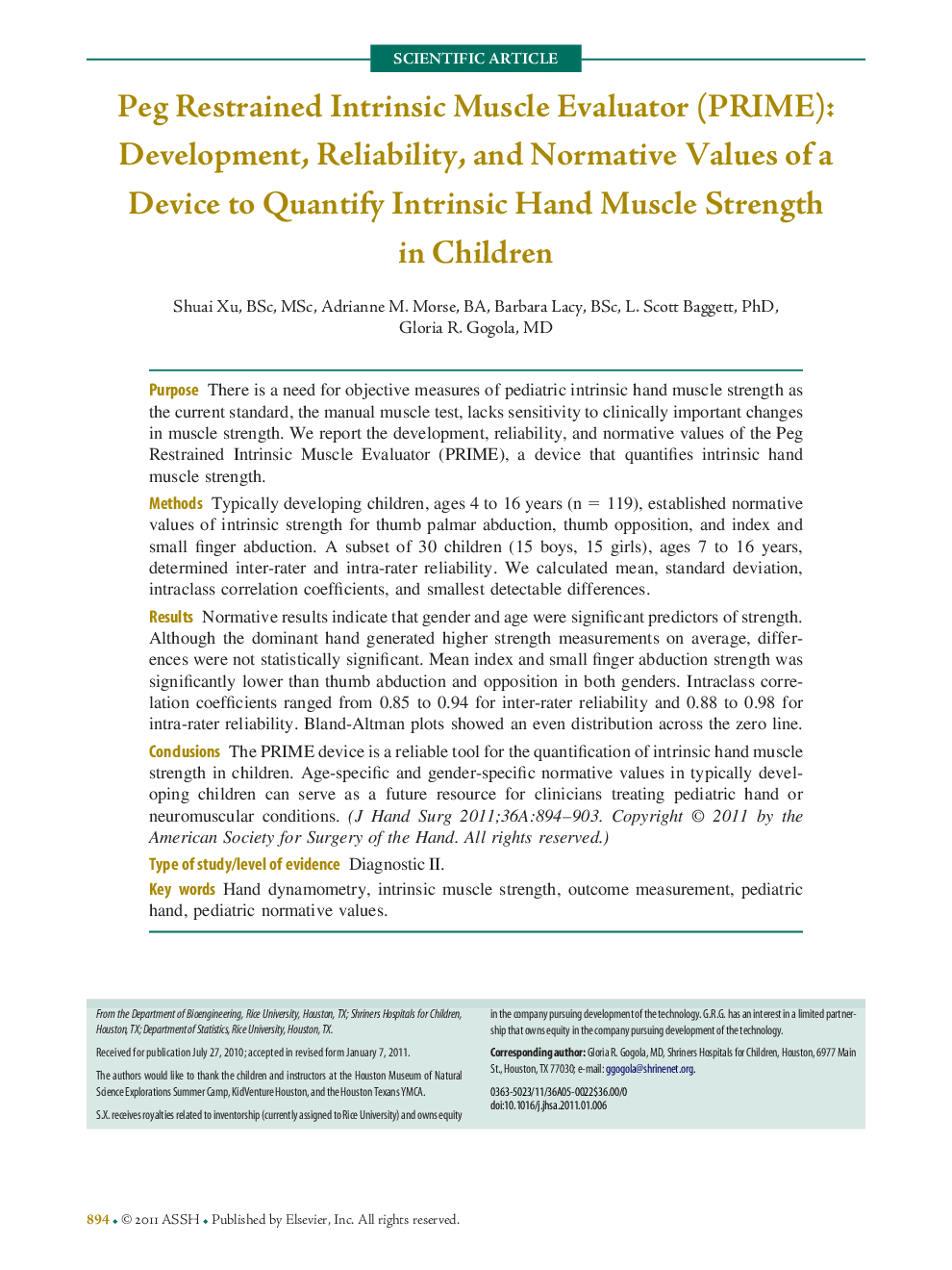 Peg Restrained Intrinsic Muscle Evaluator (PRIME): Development, Reliability, and Normative Values of a Device to Quantify Intrinsic Hand Muscle Strength in Children 
