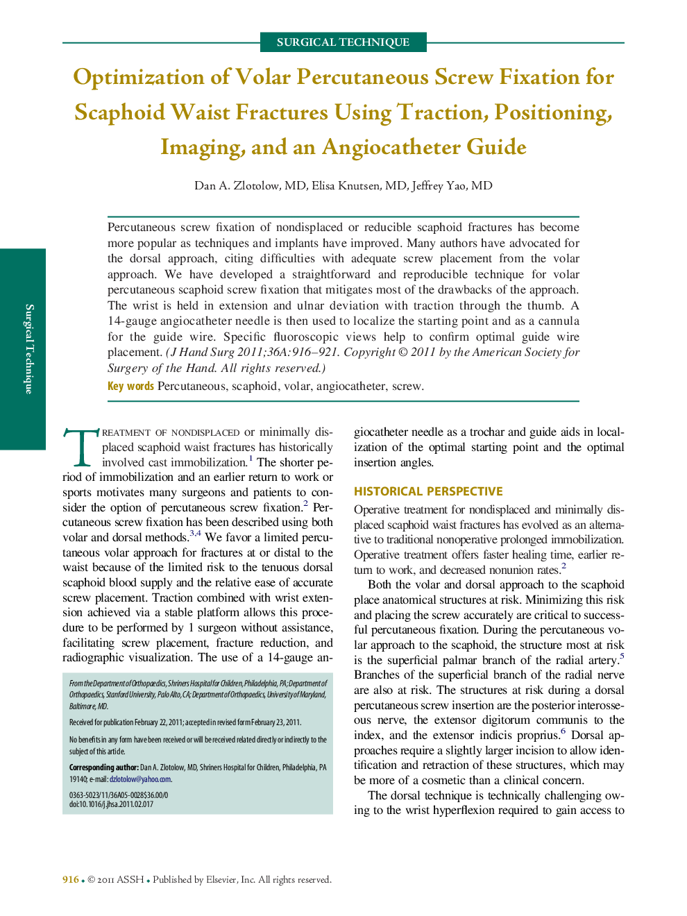 Optimization of Volar Percutaneous Screw Fixation for Scaphoid Waist Fractures Using Traction, Positioning, Imaging, and an Angiocatheter Guide 