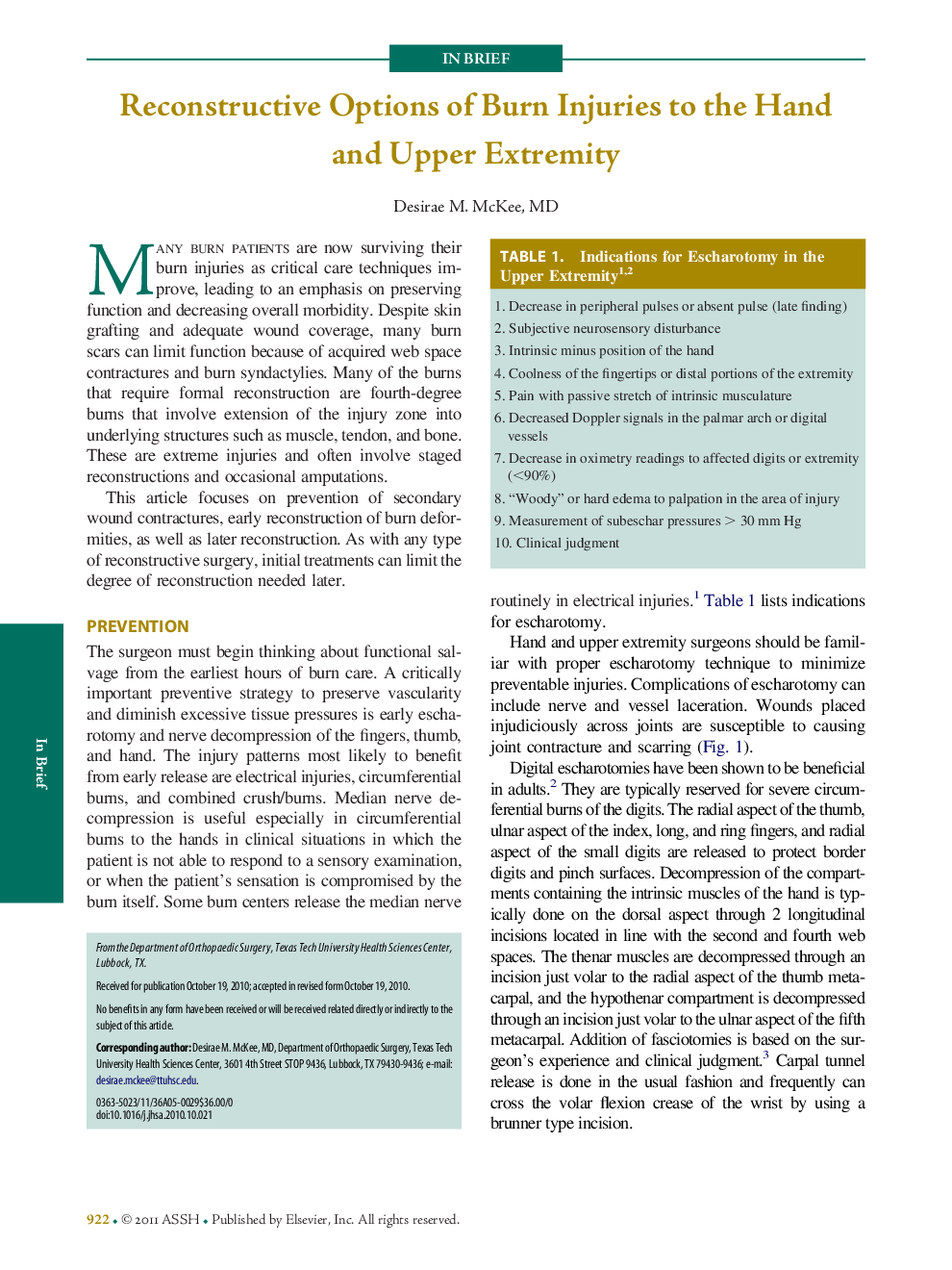 Reconstructive Options of Burn Injuries to the Hand and Upper Extremity
