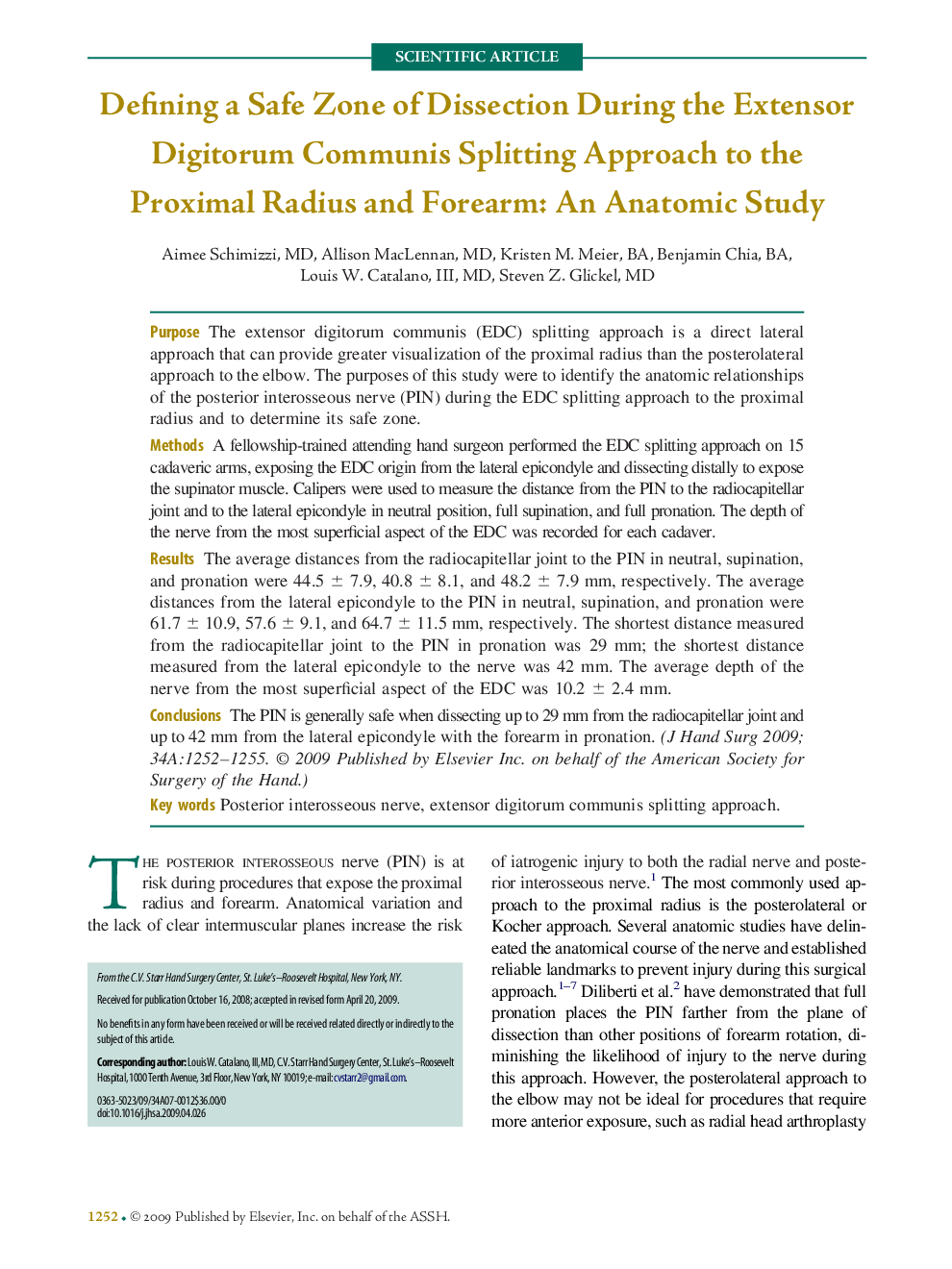 Defining a Safe Zone of Dissection During the Extensor Digitorum Communis Splitting Approach to the Proximal Radius and Forearm: An Anatomic Study 