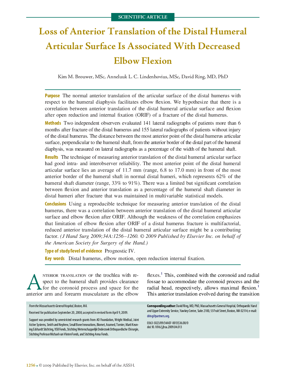 Loss of Anterior Translation of the Distal Humeral Articular Surface Is Associated With Decreased Elbow Flexion 