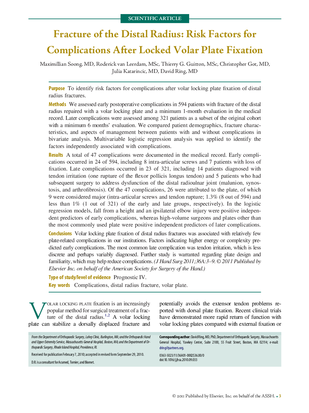 Fracture of the Distal Radius: Risk Factors for Complications After Locked Volar Plate Fixation 