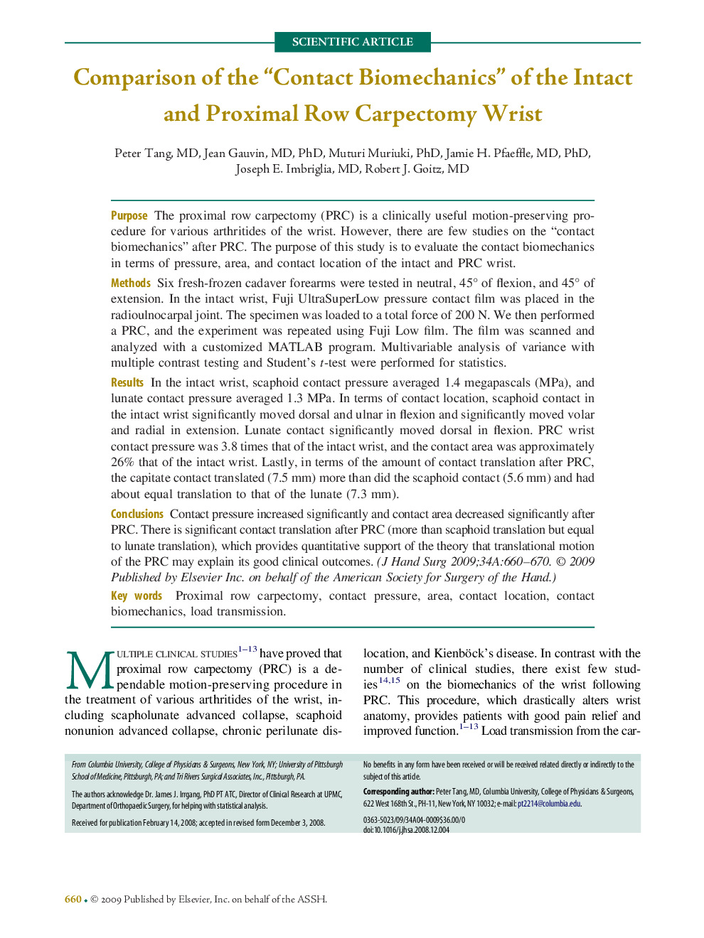 Comparison of the “Contact Biomechanics” of the Intact and Proximal Row Carpectomy Wrist 