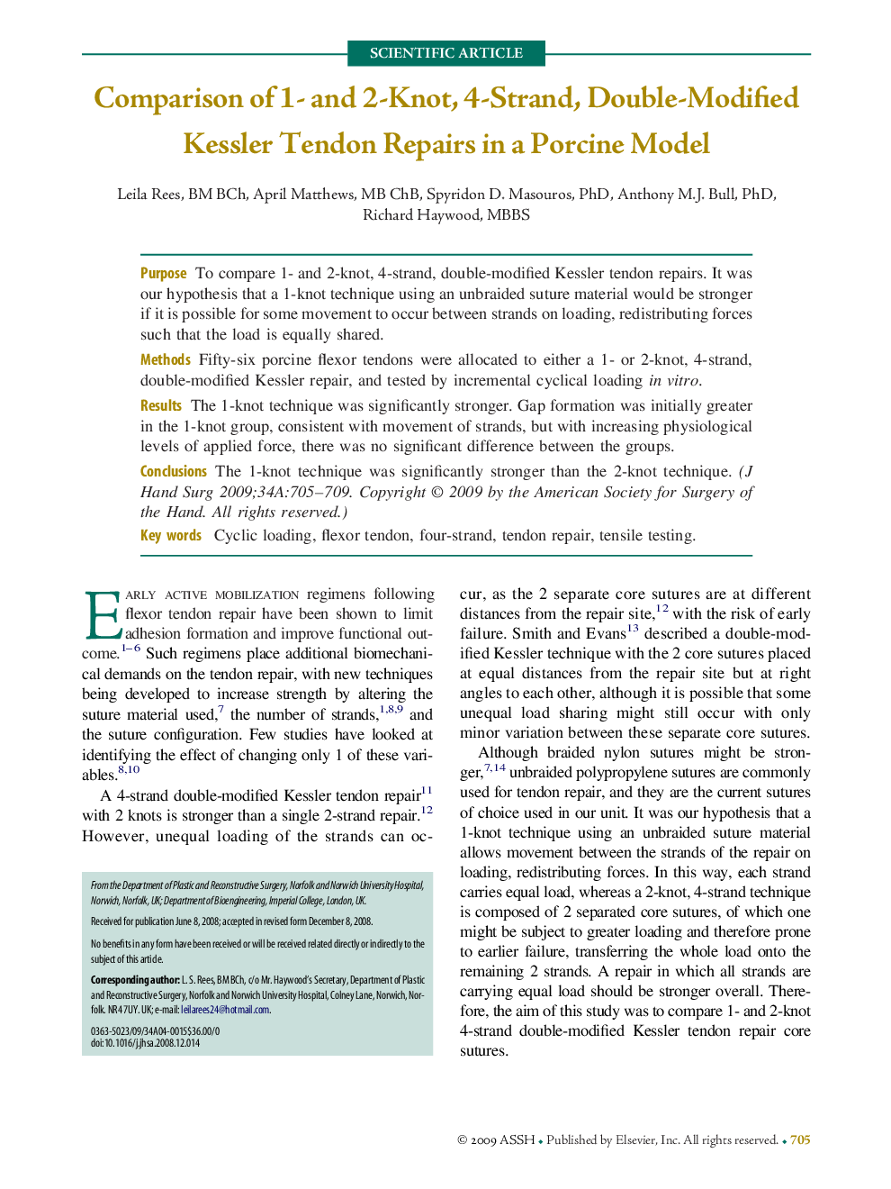 Comparison of 1- and 2-Knot, 4-Strand, Double-Modified Kessler Tendon Repairs in a Porcine Model 