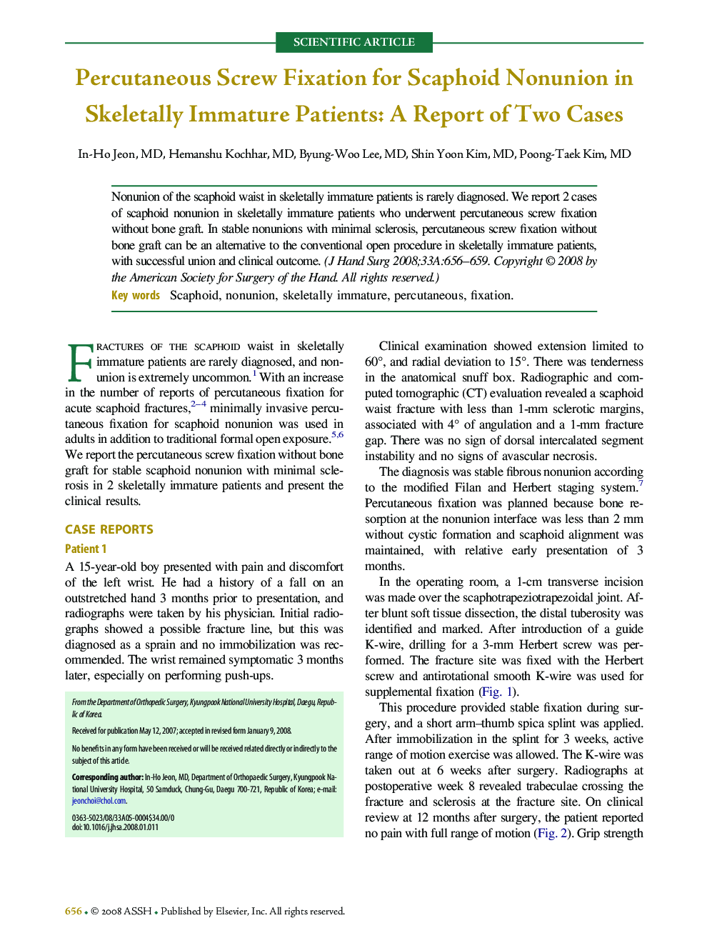 Percutaneous Screw Fixation for Scaphoid Nonunion in Skeletally Immature Patients: A Report of Two Cases 