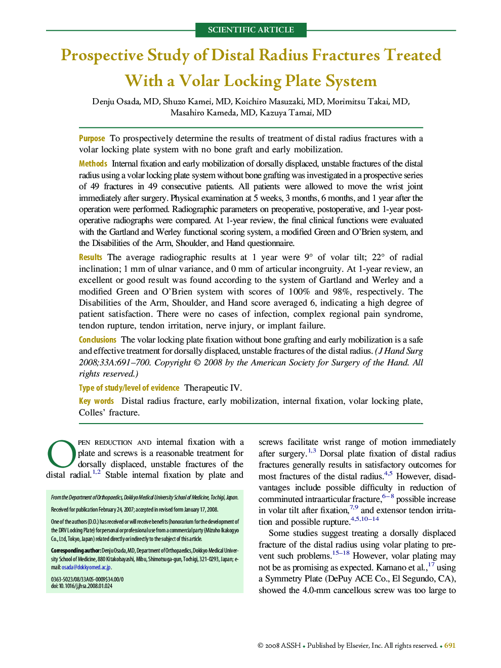 Prospective Study of Distal Radius Fractures Treated With a Volar Locking Plate System 