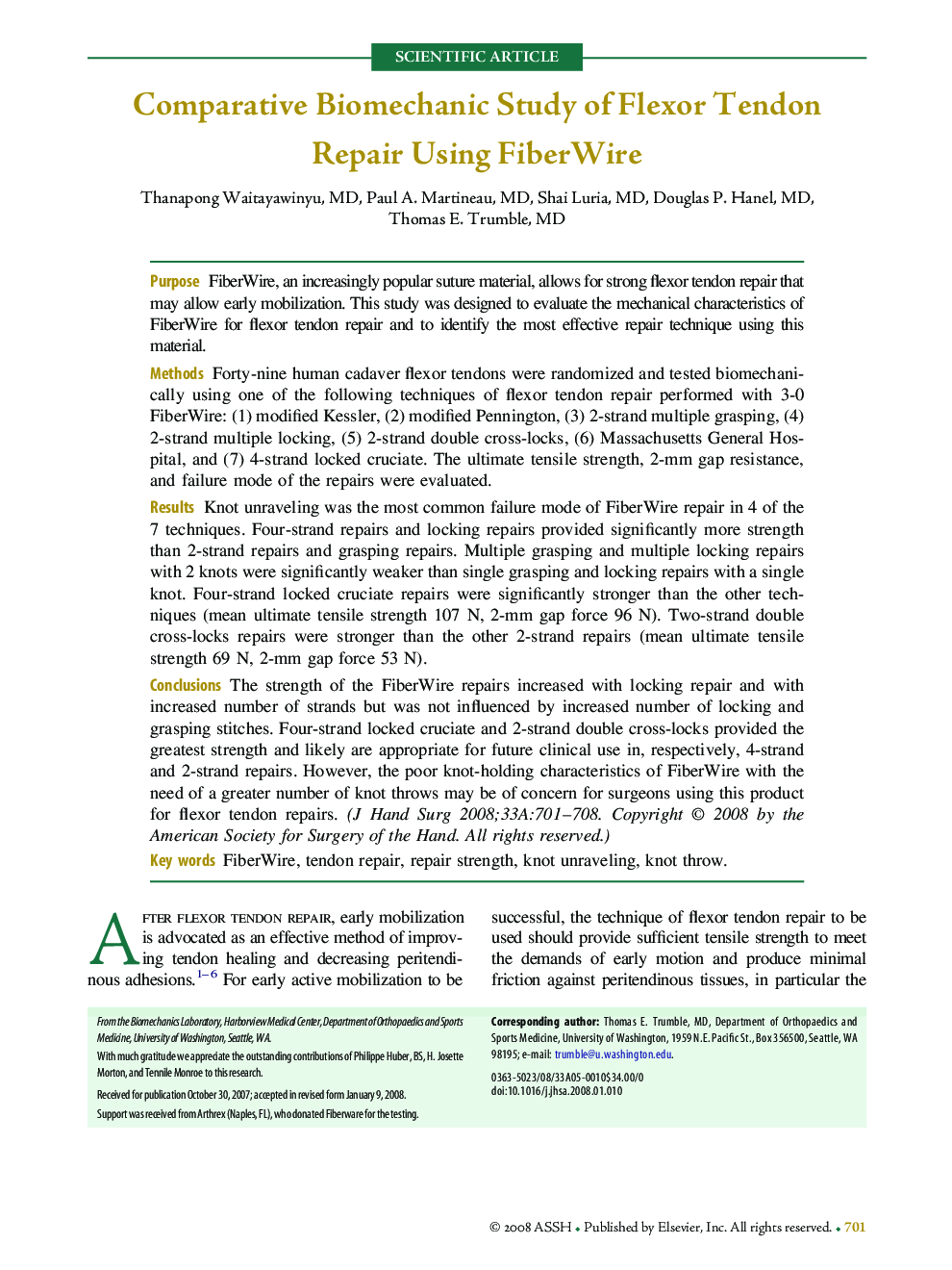 Comparative Biomechanic Study of Flexor Tendon Repair Using FiberWire 