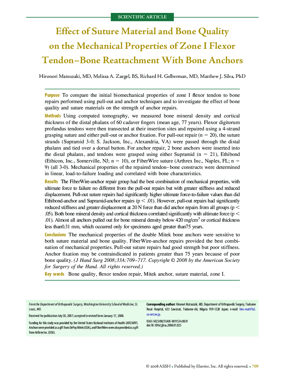 Effect of Suture Material and Bone Quality on the Mechanical Properties of Zone I Flexor Tendon–Bone Reattachment With Bone Anchors 