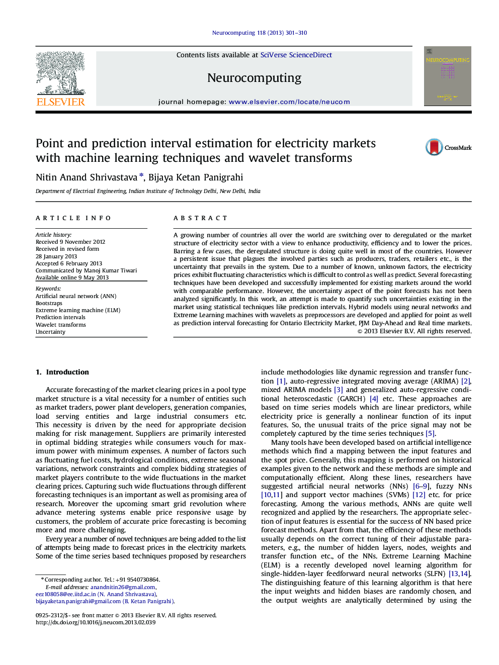 Point and prediction interval estimation for electricity markets with machine learning techniques and wavelet transforms