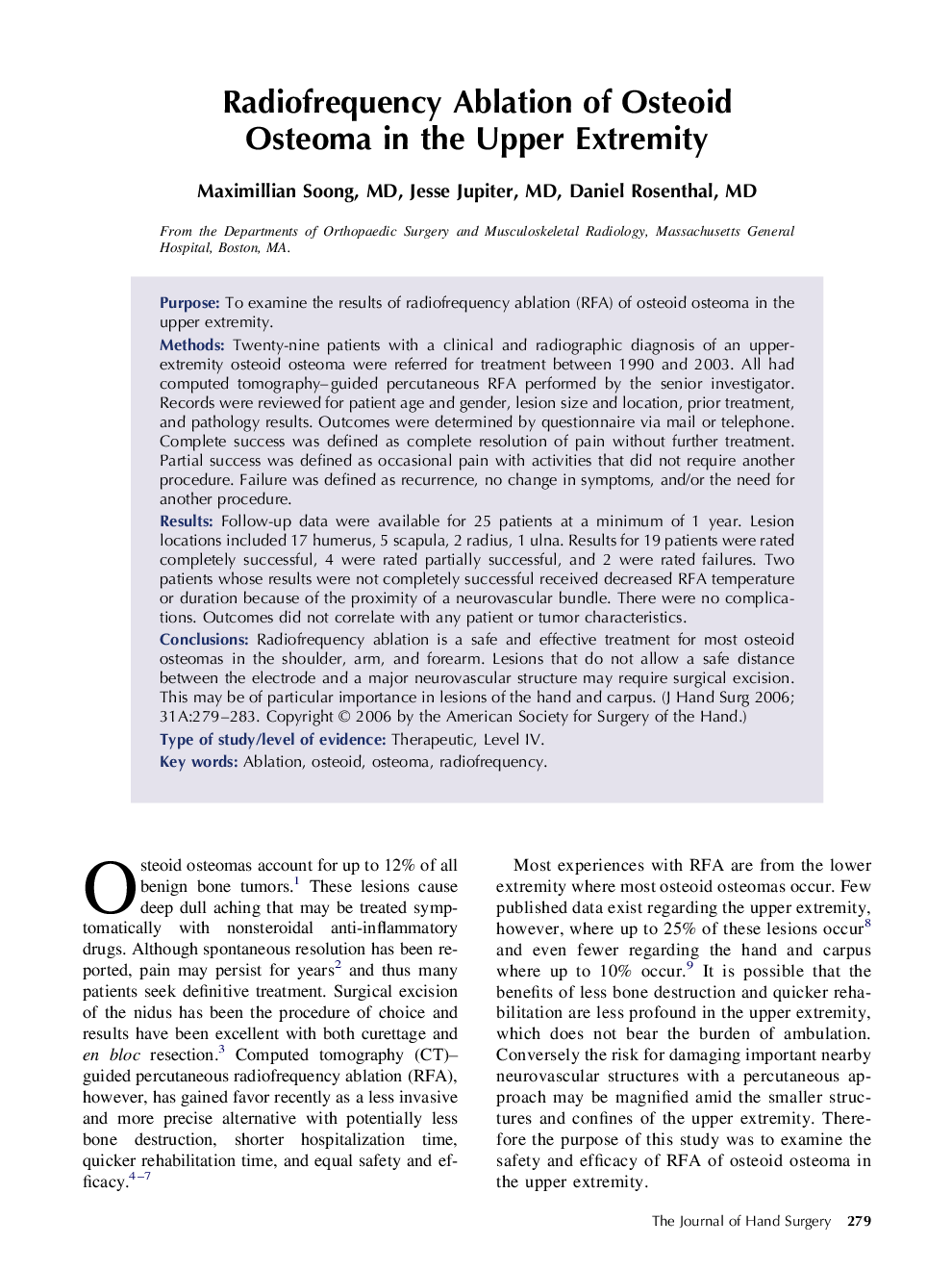 Radiofrequency Ablation of Osteoid Osteoma in the Upper Extremity 