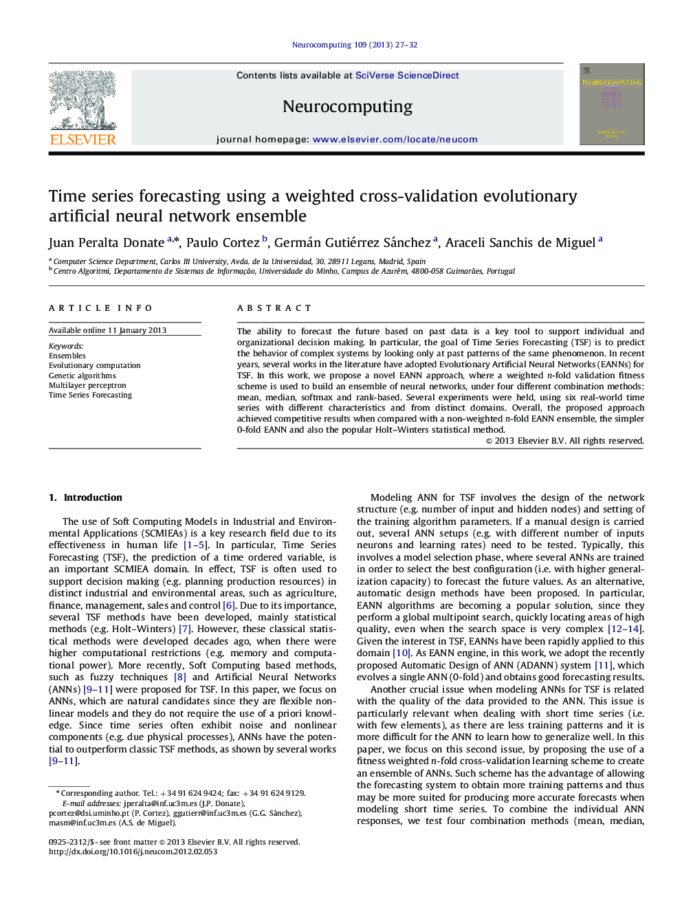 Time series forecasting using a weighted cross-validation evolutionary artificial neural network ensemble