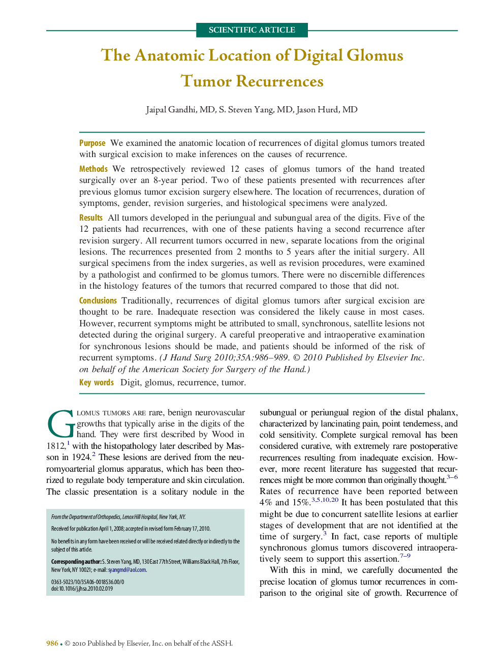 The Anatomic Location of Digital Glomus Tumor Recurrences 