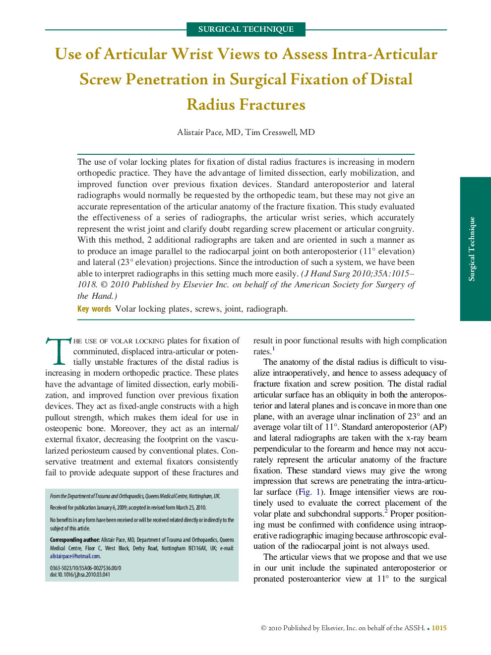 Use of Articular Wrist Views to Assess Intra-Articular Screw Penetration in Surgical Fixation of Distal Radius Fractures 