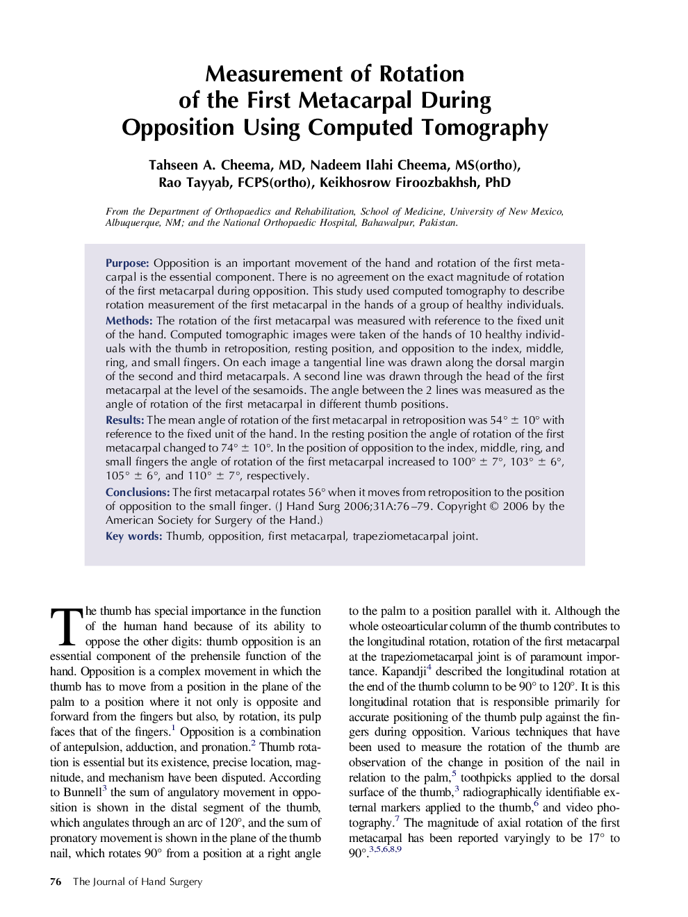 Measurement of Rotation of the First Metacarpal During Opposition Using Computed Tomography 