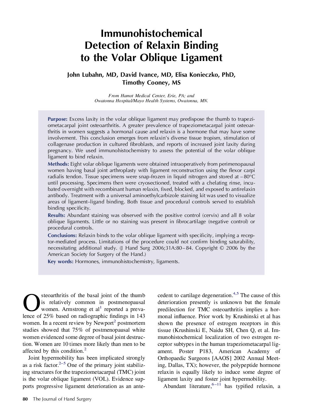 Immunohistochemical Detection of Relaxin Binding to the Volar Oblique Ligament 