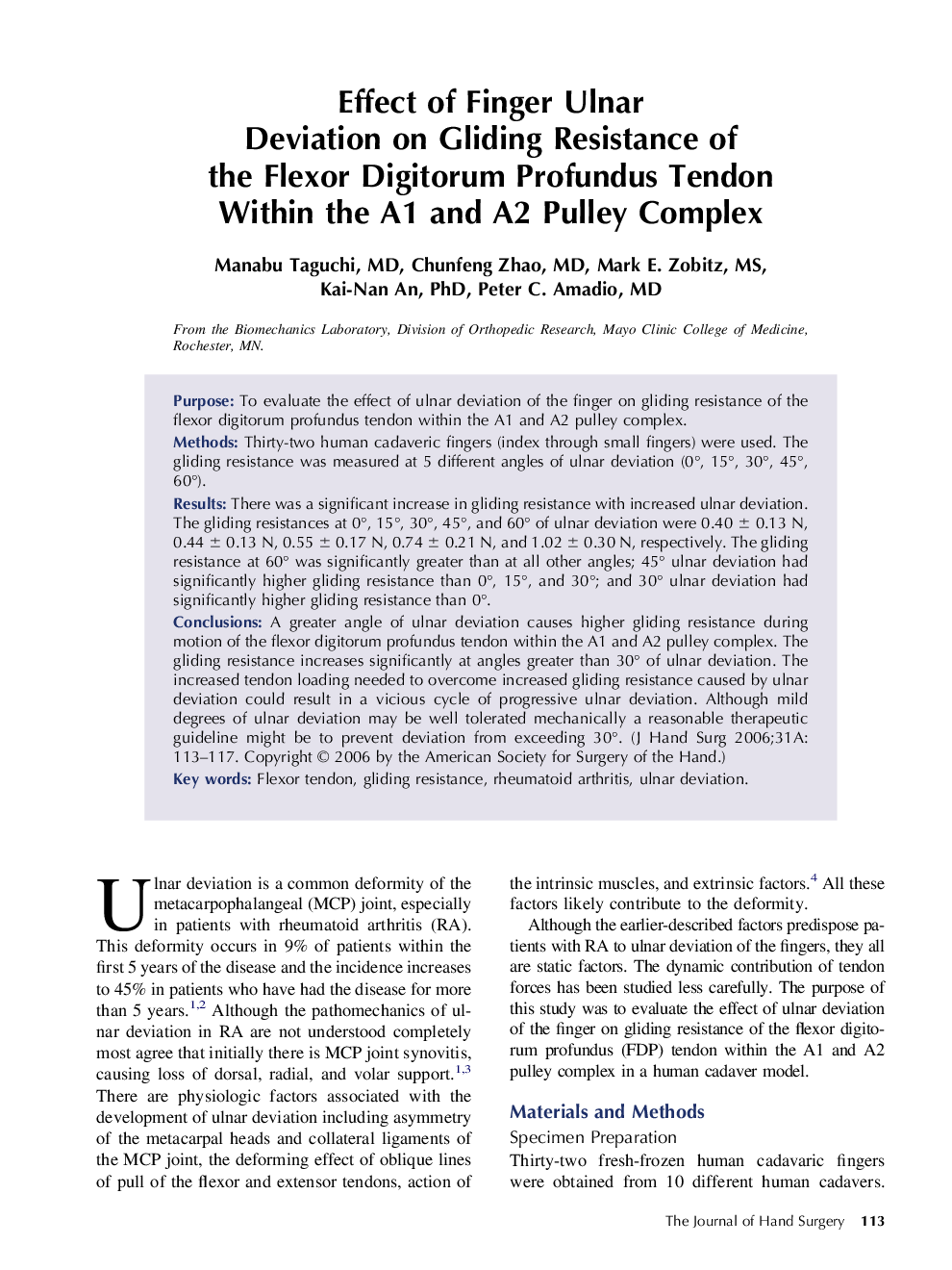 Effect of Finger Ulnar Deviation on Gliding Resistance of the Flexor Digitorum Profundus Tendon Within the A1 and A2 Pulley Complex 