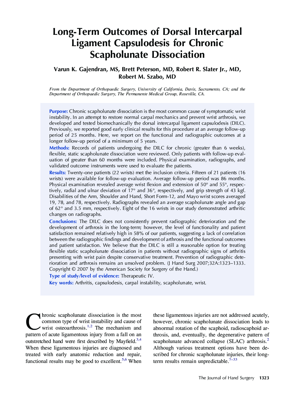 Long-Term Outcomes of Dorsal Intercarpal Ligament Capsulodesis for Chronic Scapholunate Dissociation 