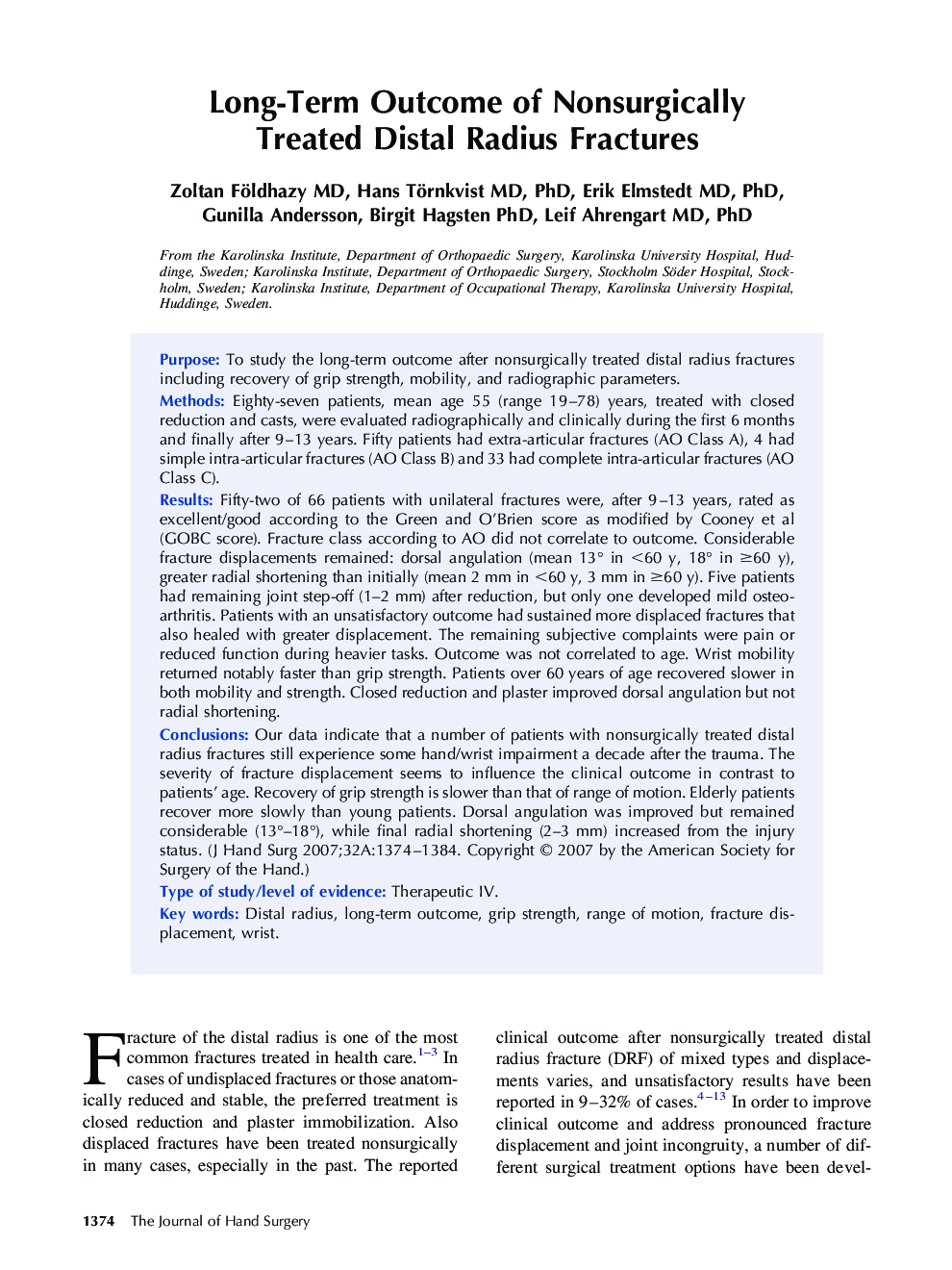 Long-Term Outcome of Nonsurgically Treated Distal Radius Fractures 