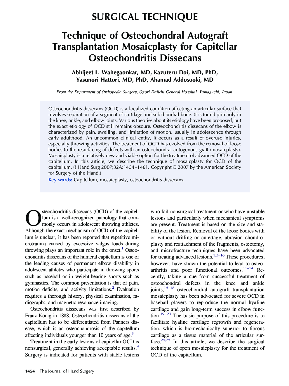 Technique of Osteochondral Autograft Transplantation Mosaicplasty for Capitellar Osteochondritis Dissecans 