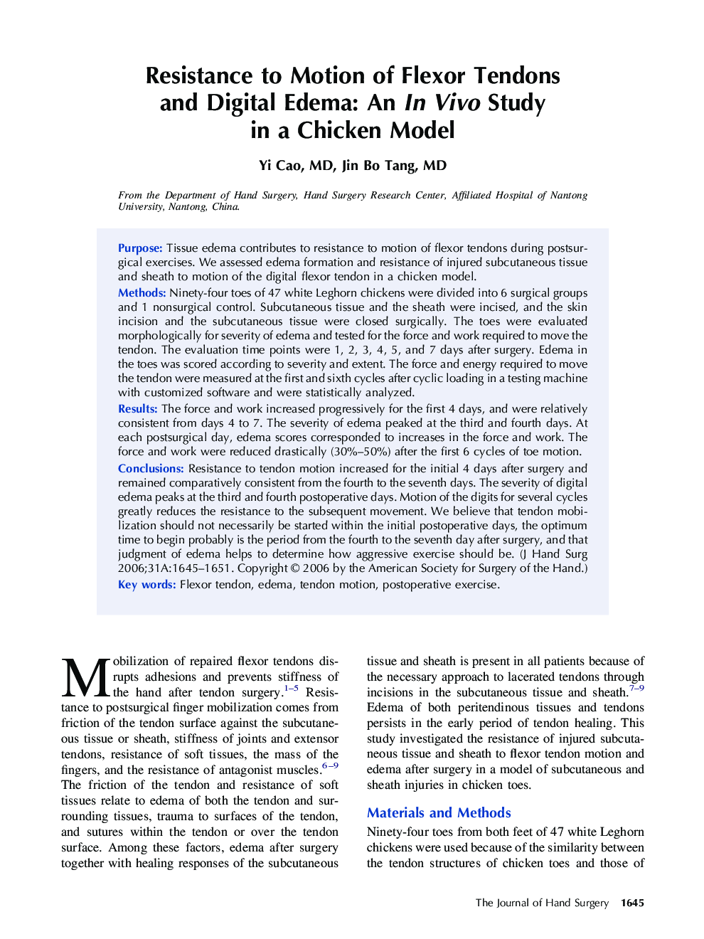 Resistance to Motion of Flexor Tendons and Digital Edema: An In Vivo Study in a Chicken Model 