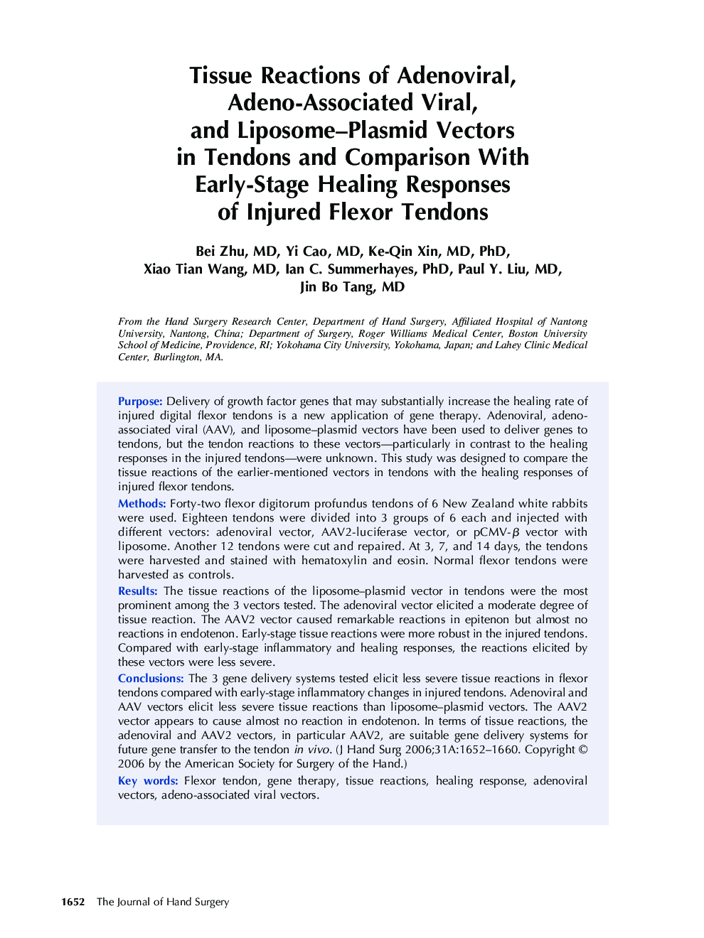 Tissue Reactions of Adenoviral, Adeno-Associated Viral, and Liposome-Plasmid Vectors in Tendons and Comparison With Early-Stage Healing Responses of Injured Flexor Tendons