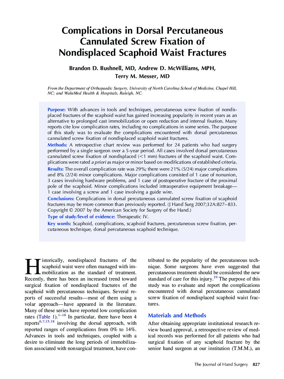 Complications in Dorsal Percutaneous Cannulated Screw Fixation of Nondisplaced Scaphoid Waist Fractures 