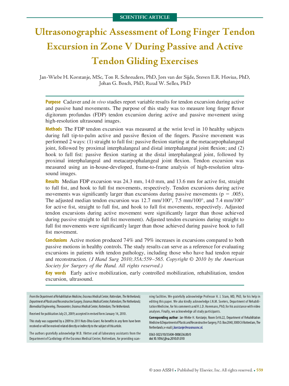 Ultrasonographic Assessment of Long Finger Tendon Excursion in Zone V During Passive and Active Tendon Gliding Exercises 