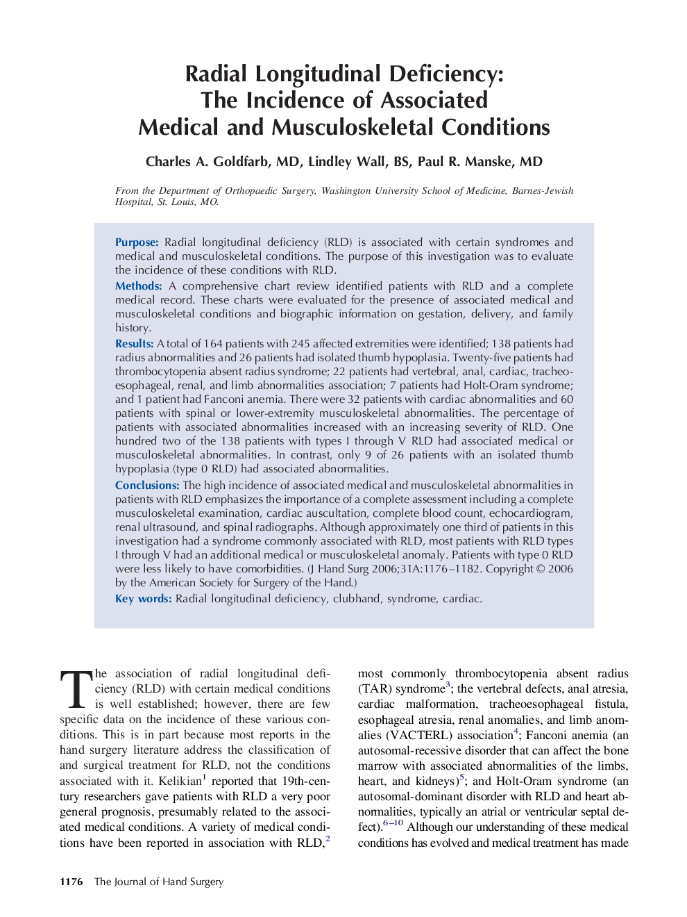 Radial Longitudinal Deficiency: The Incidence of Associated Medical and Musculoskeletal Conditions 