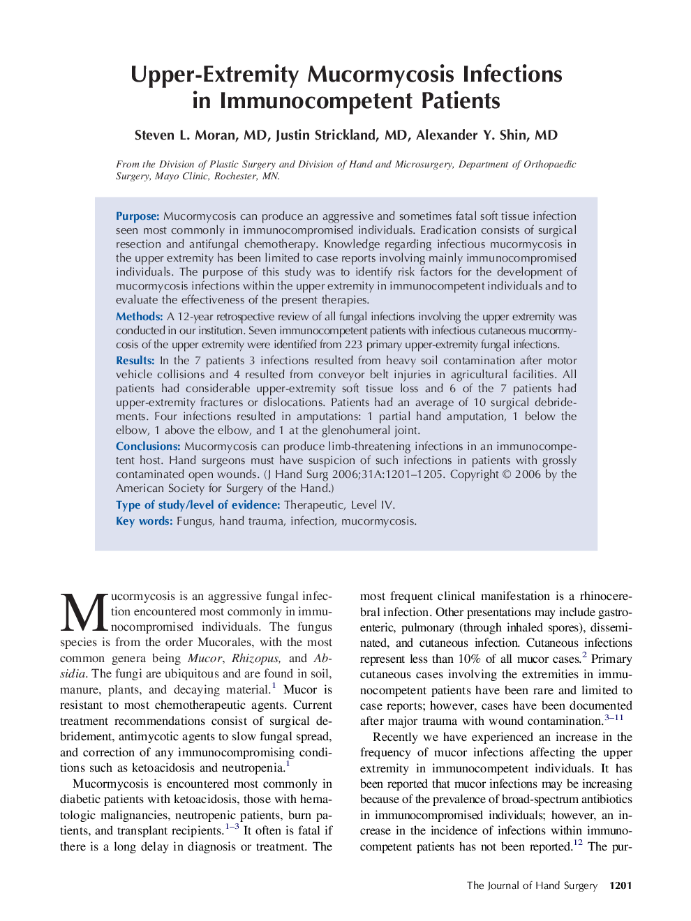 Upper-Extremity Mucormycosis Infections in Immunocompetent Patients 