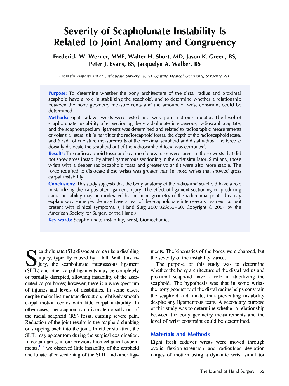 Severity of Scapholunate Instability Is Related to Joint Anatomy and Congruency 