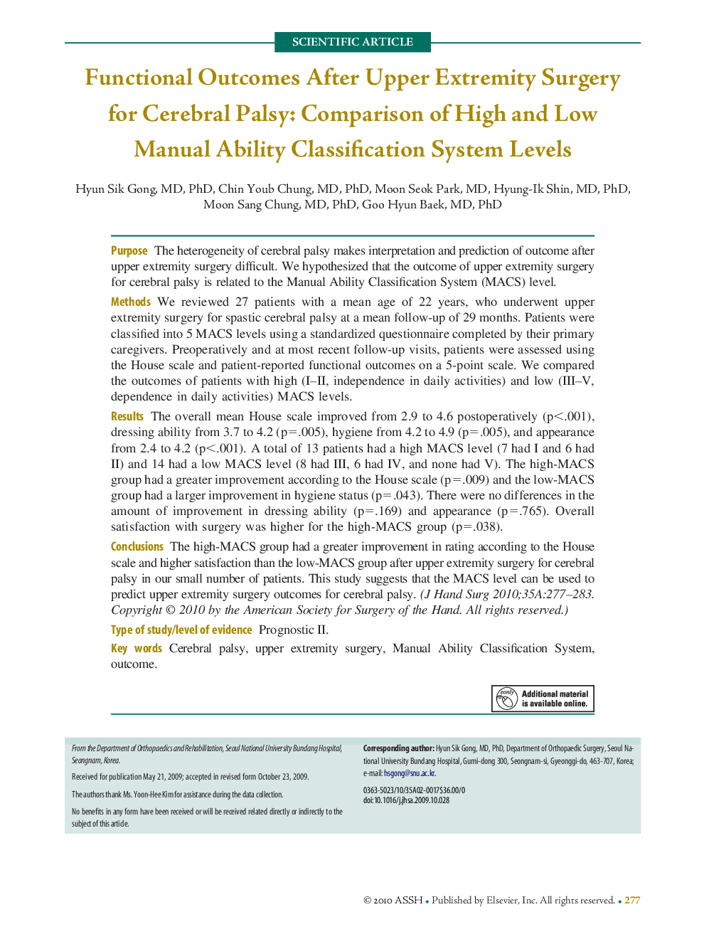 Functional Outcomes After Upper Extremity Surgery for Cerebral Palsy: Comparison of High and Low Manual Ability Classification System Levels