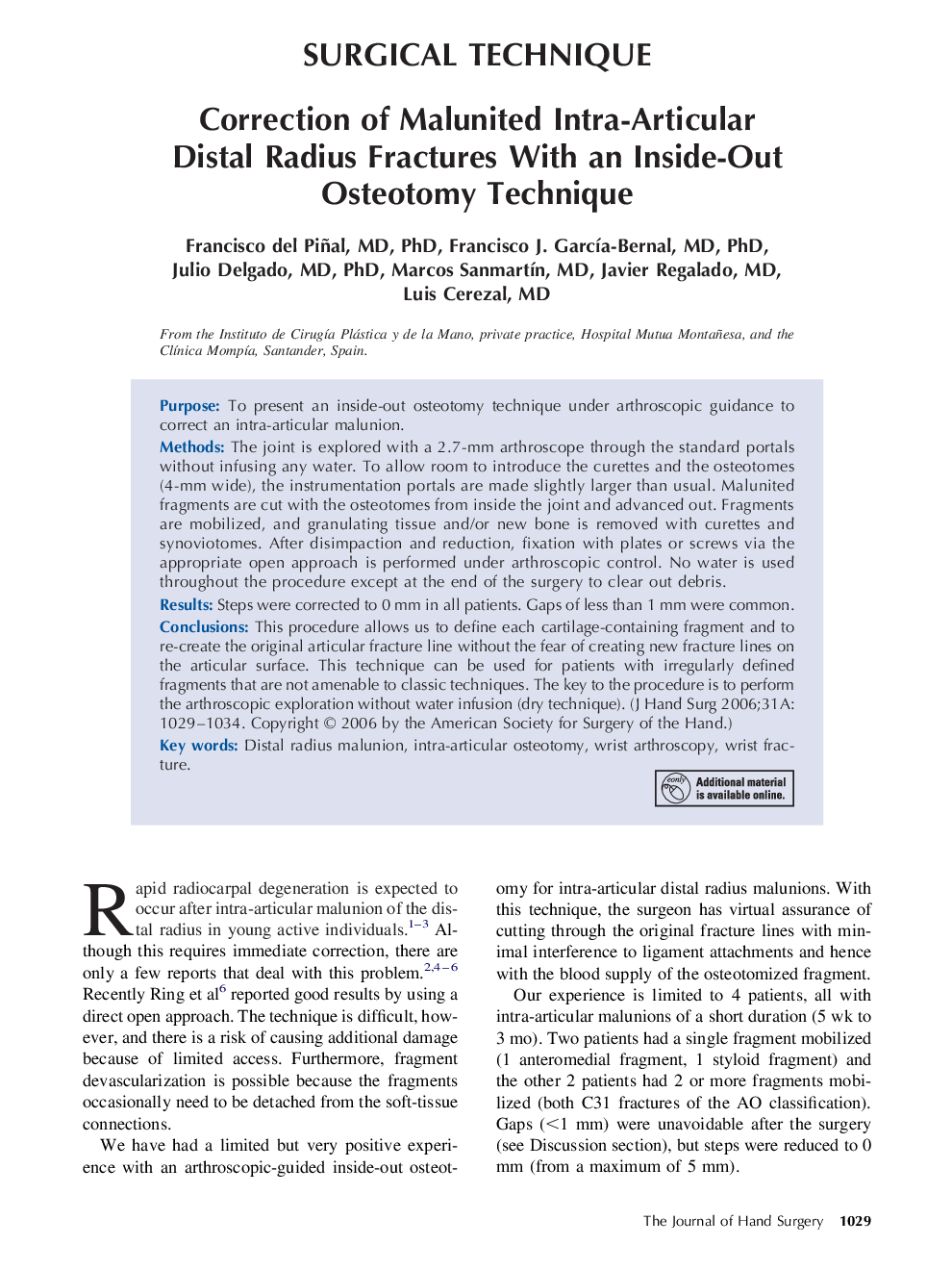 Correction of Malunited Intra-Articular Distal Radius Fractures With an Inside-Out Osteotomy Technique 