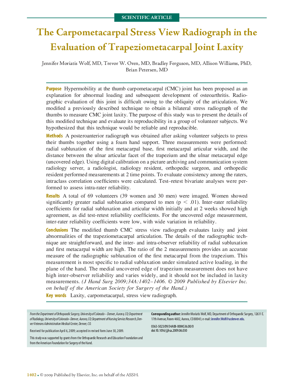 The Carpometacarpal Stress View Radiograph in the Evaluation of Trapeziometacarpal Joint Laxity 