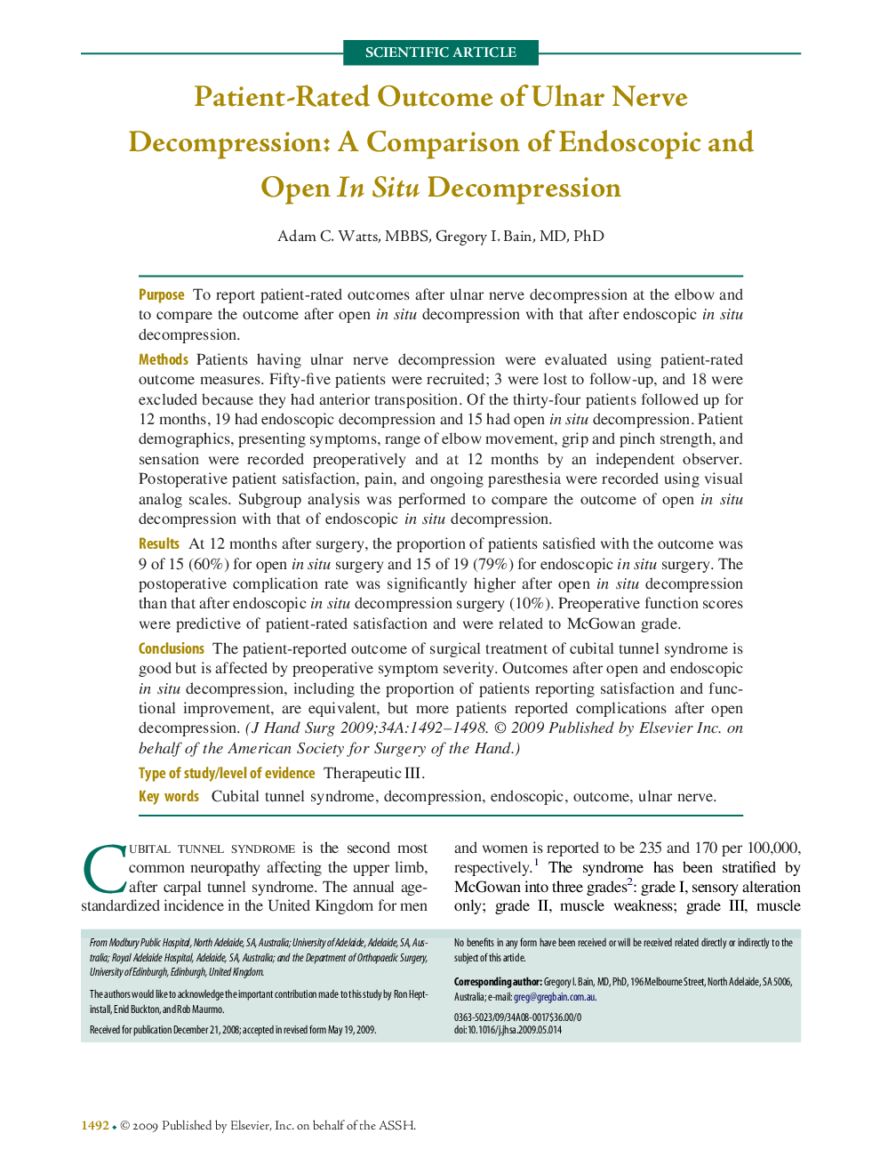 Patient-Rated Outcome of Ulnar Nerve Decompression: A Comparison of Endoscopic and Open In Situ Decompression 