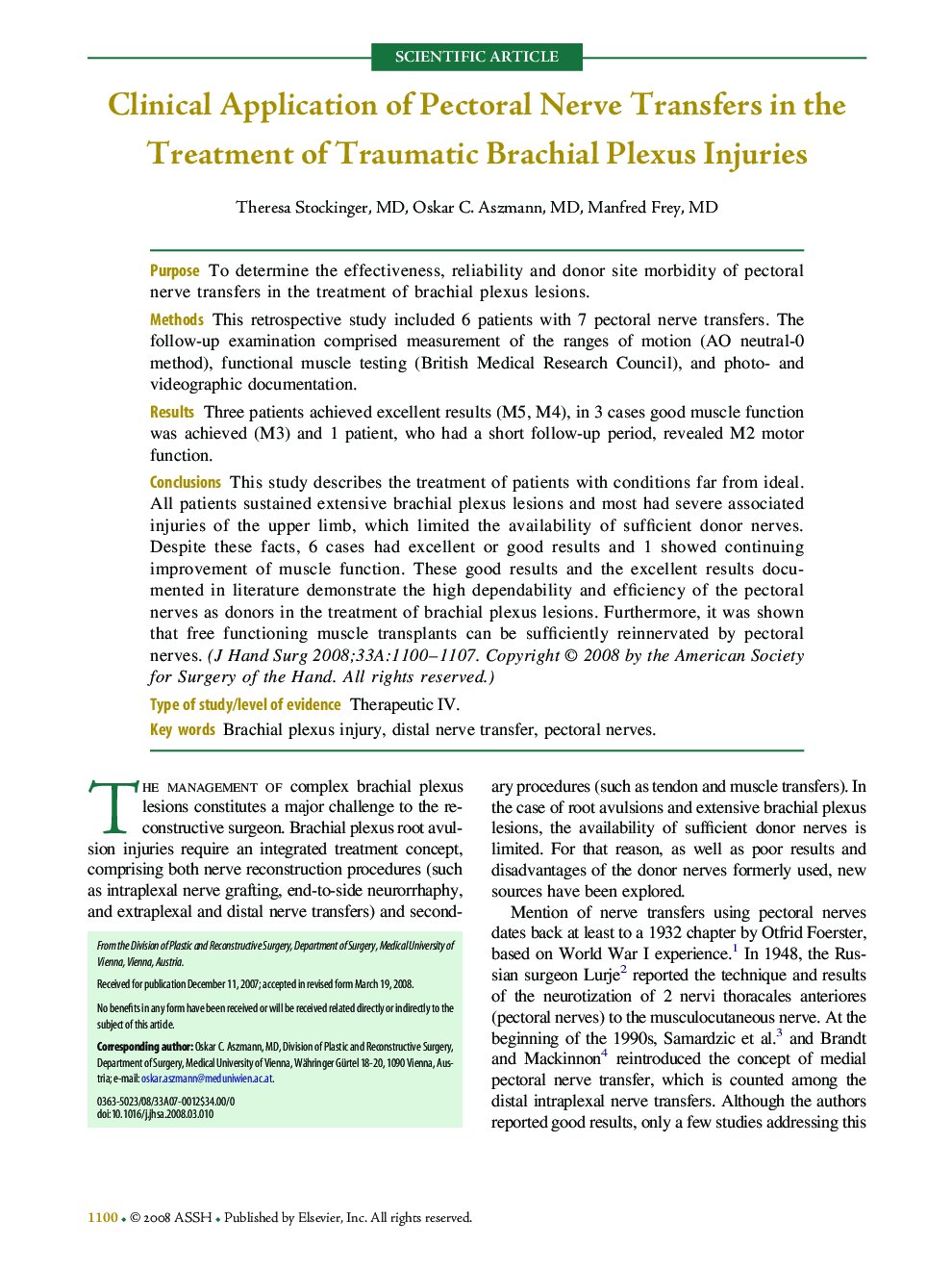 Clinical Application of Pectoral Nerve Transfers in the Treatment of Traumatic Brachial Plexus Injuries 