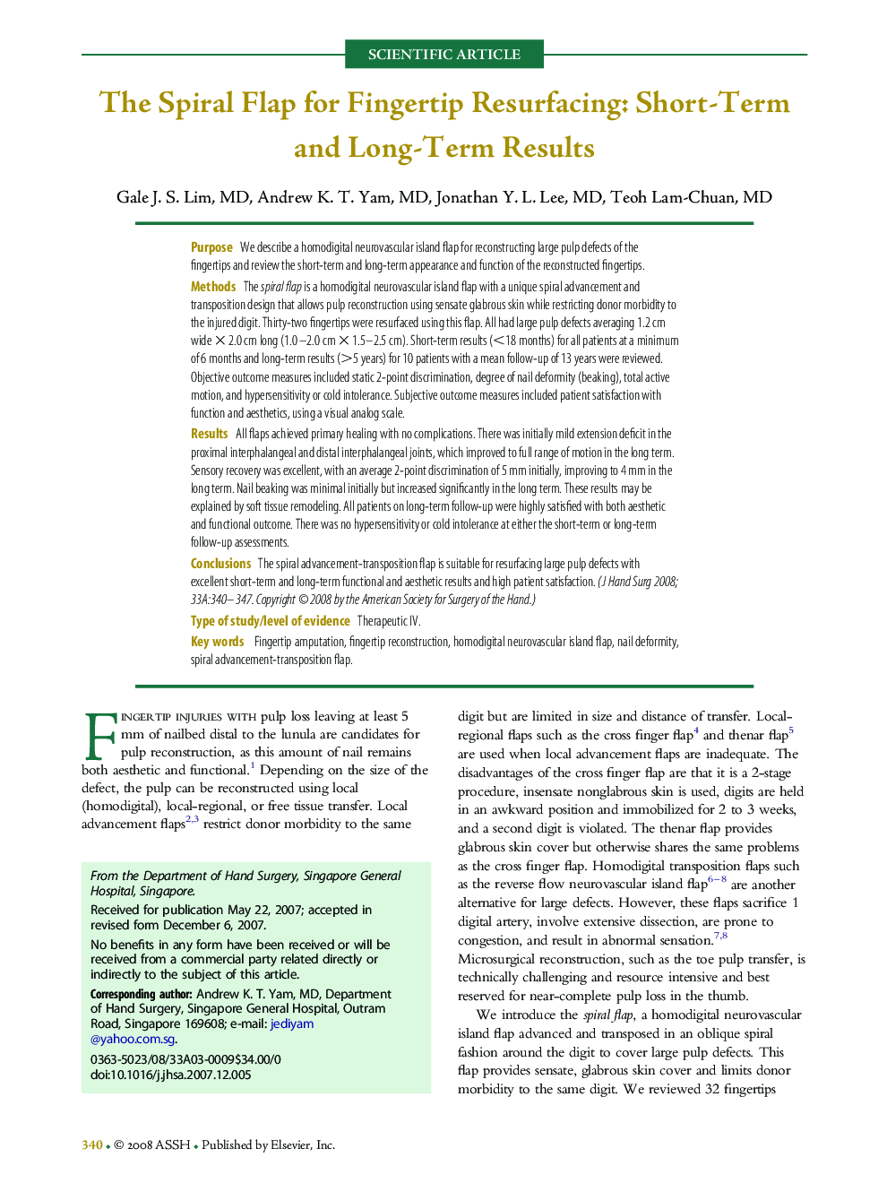 The Spiral Flap for Fingertip Resurfacing: Short-Term and Long-Term Results 