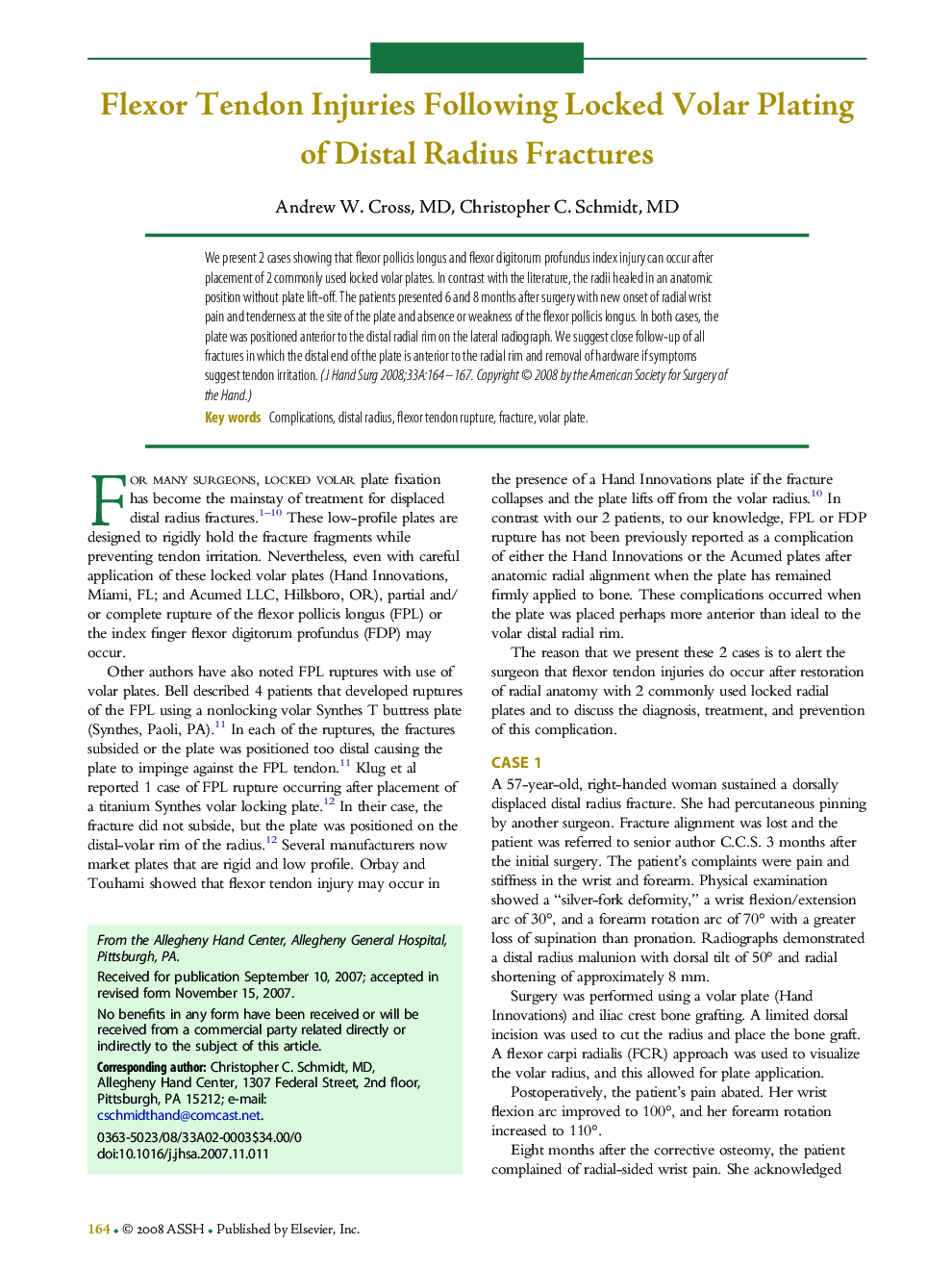 Flexor Tendon Injuries Following Locked Volar Plating of Distal Radius Fractures 