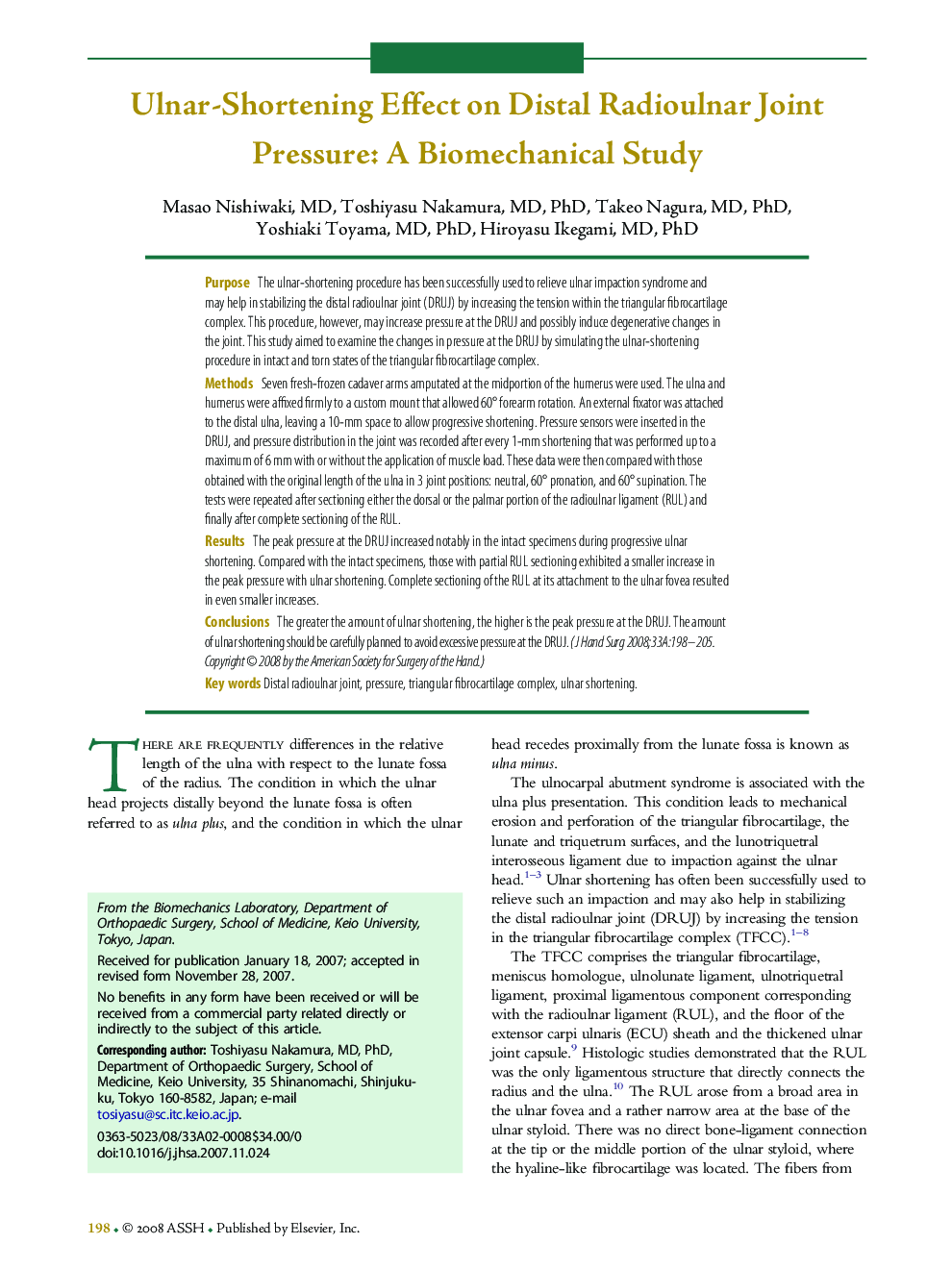 Ulnar-Shortening Effect on Distal Radioulnar Joint Pressure: A Biomechanical Study 