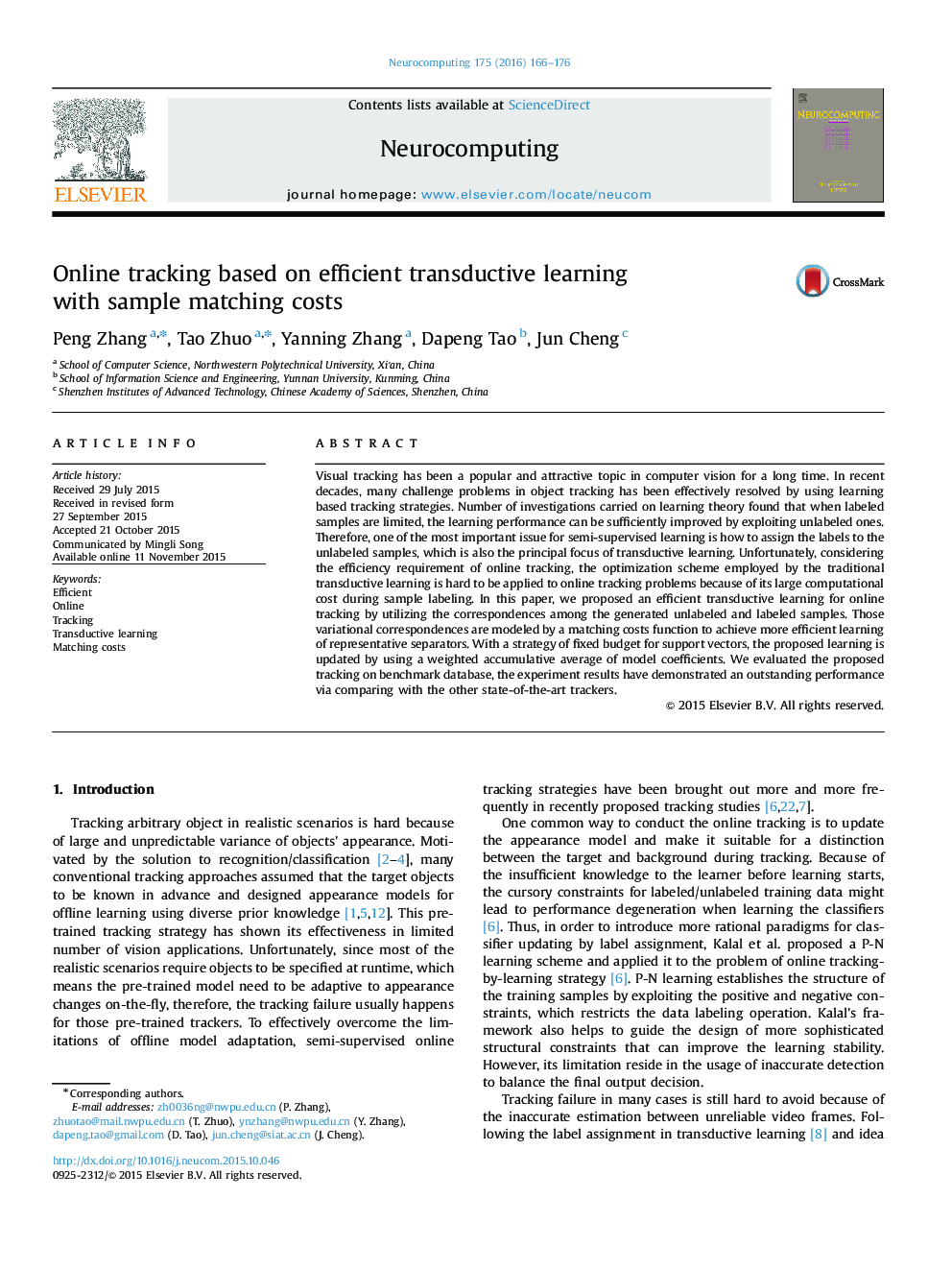 Online tracking based on efficient transductive learning with sample matching costs