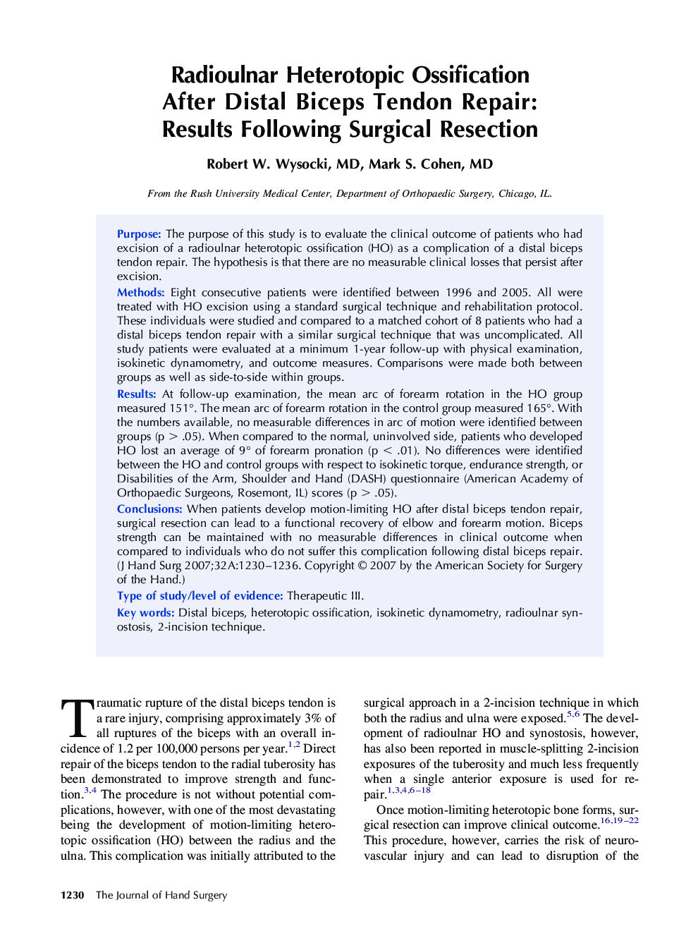 Radioulnar Heterotopic Ossification After Distal Biceps Tendon Repair: Results Following Surgical Resection 