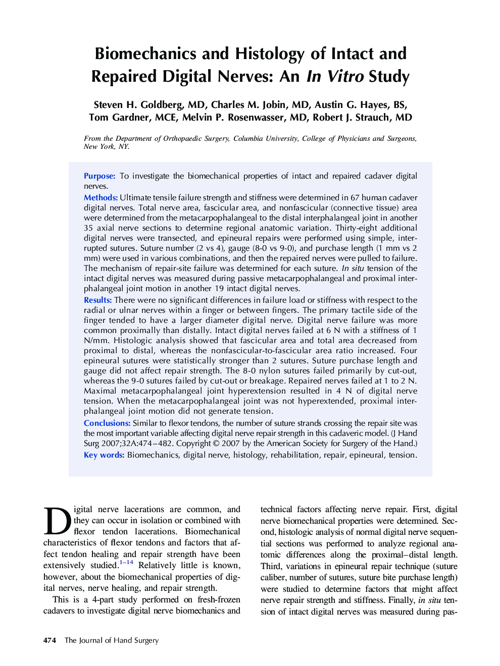 Biomechanics and Histology of Intact and Repaired Digital Nerves: An In Vitro Study 