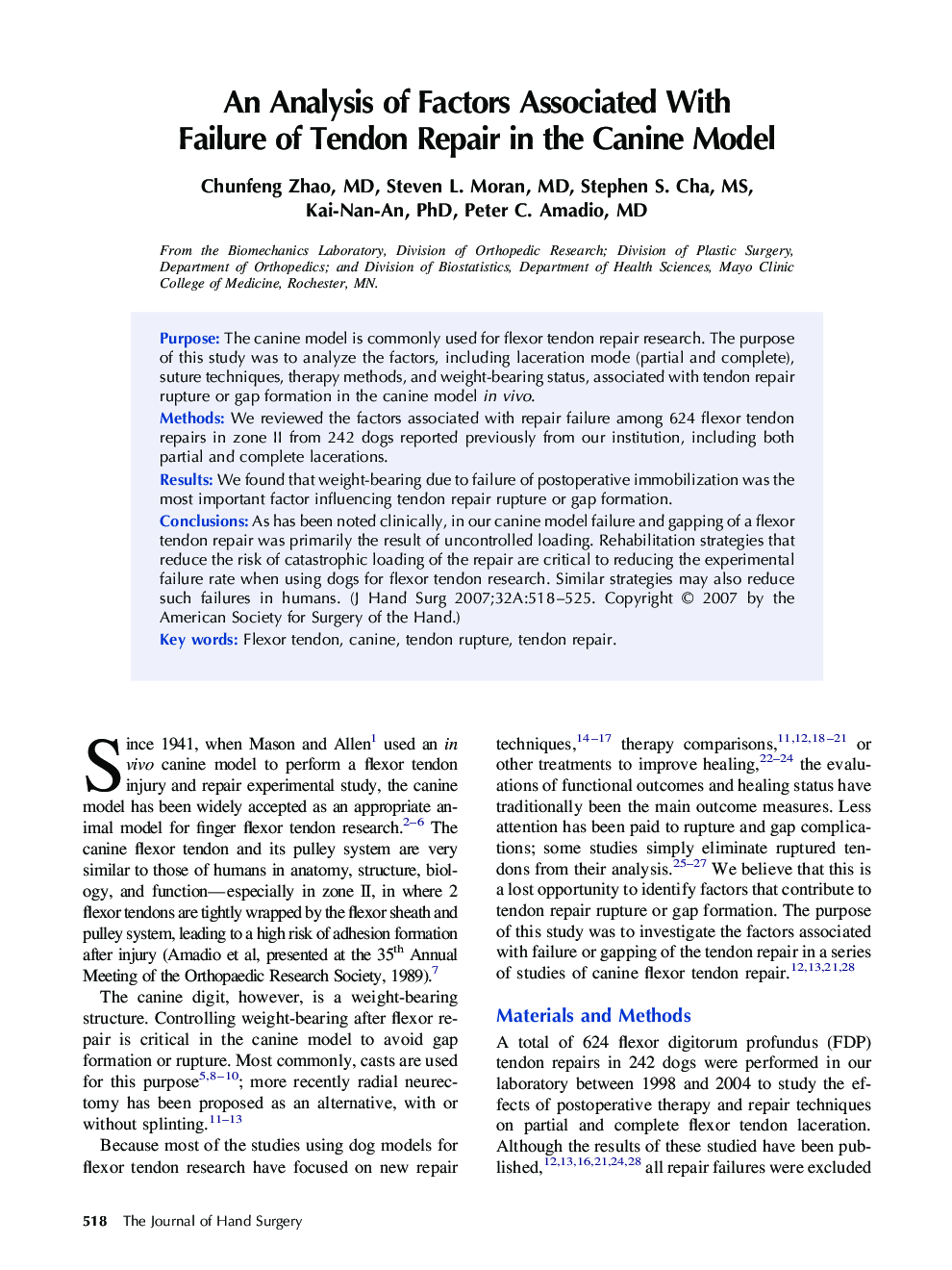 An Analysis of Factors Associated With Failure of Tendon Repair in the Canine Model 