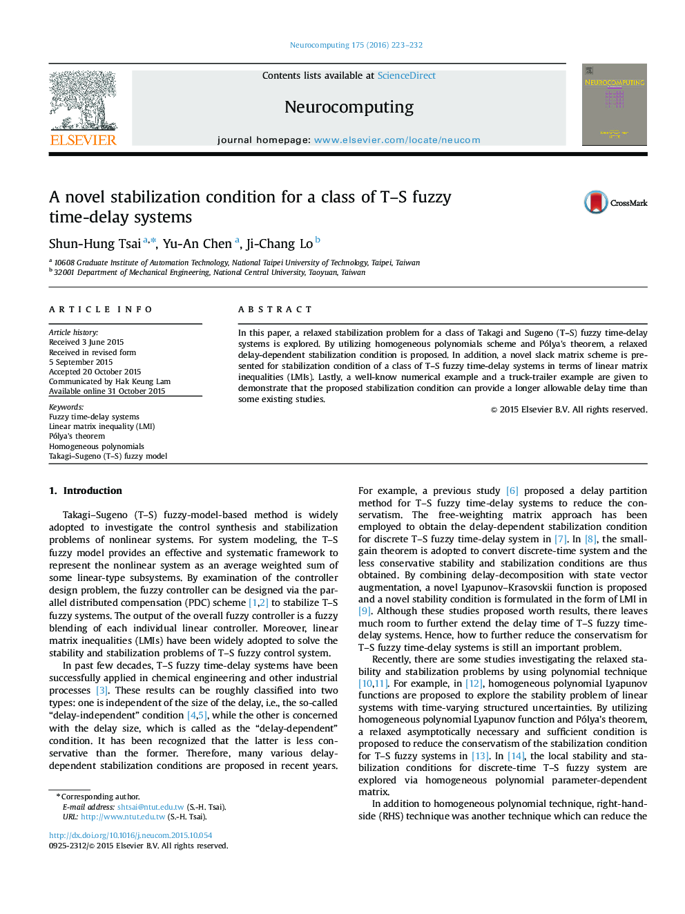 A novel stabilization condition for a class of T–S fuzzy time-delay systems