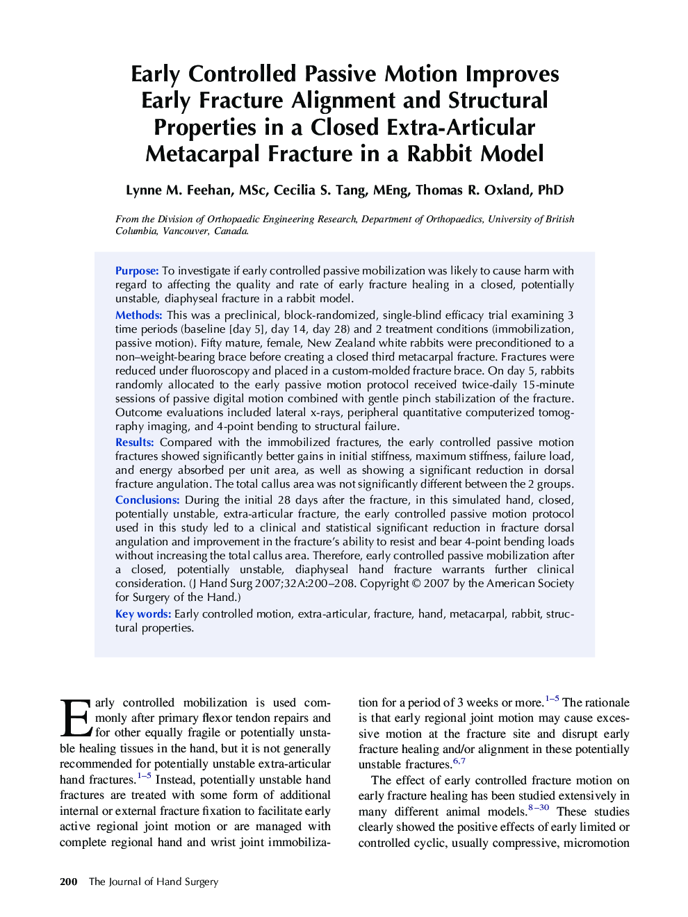 Early Controlled Passive Motion Improves Early Fracture Alignment and Structural Properties in a Closed Extra-Articular Metacarpal Fracture in a Rabbit Model 