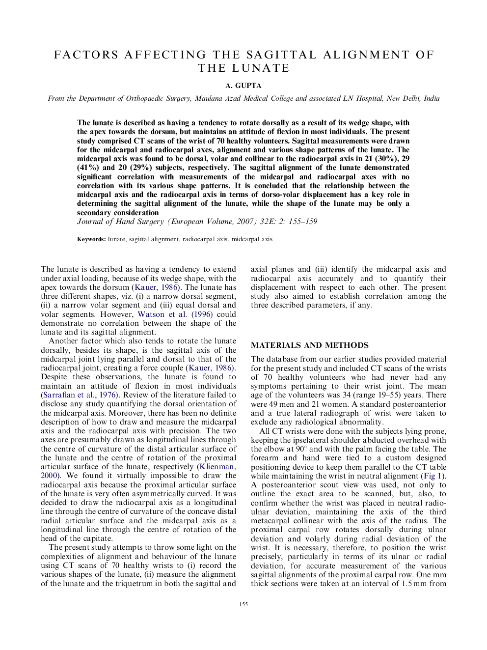 Factors affecting the sagittal alignment of the lunate