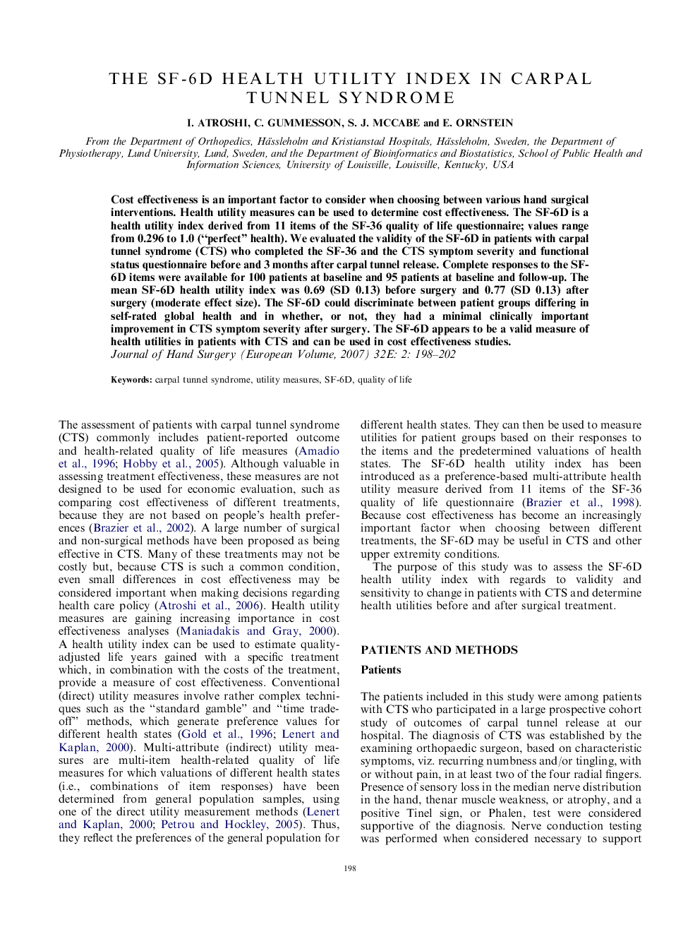 The SF-6D health utility index in carpal tunnel syndrome