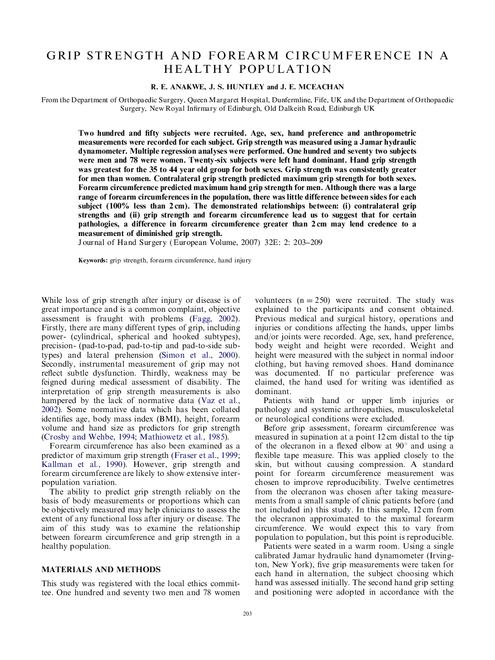 Grip strength and forearm circumference in a healthy population