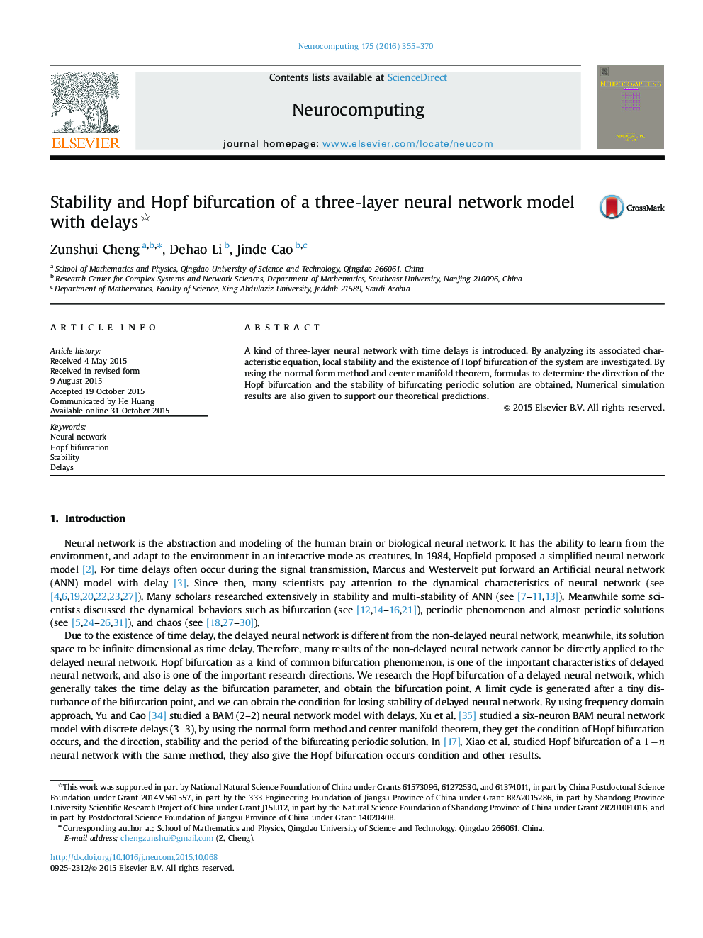 Stability and Hopf bifurcation of a three-layer neural network model with delays 