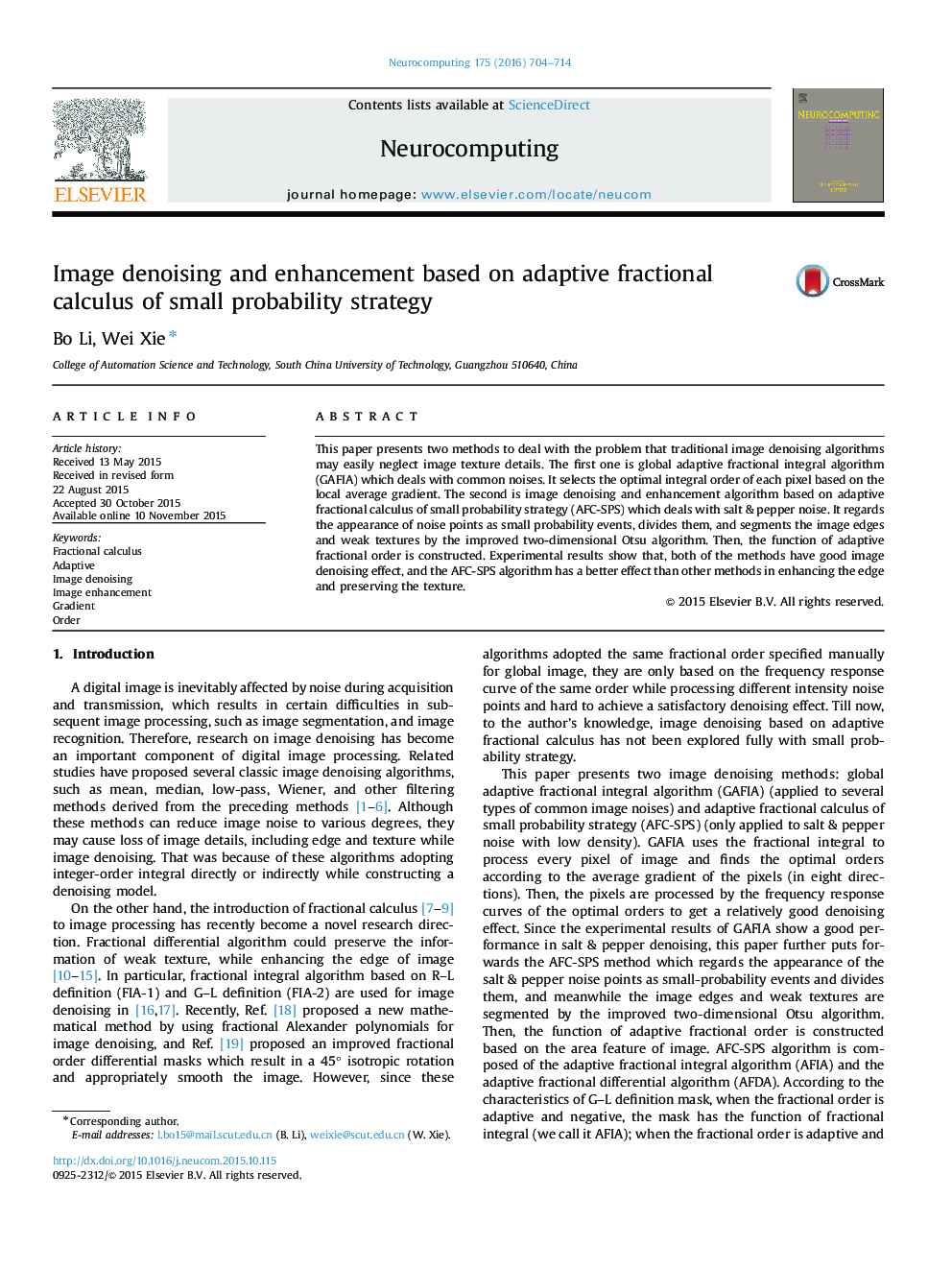 Image denoising and enhancement based on adaptive fractional calculus of small probability strategy